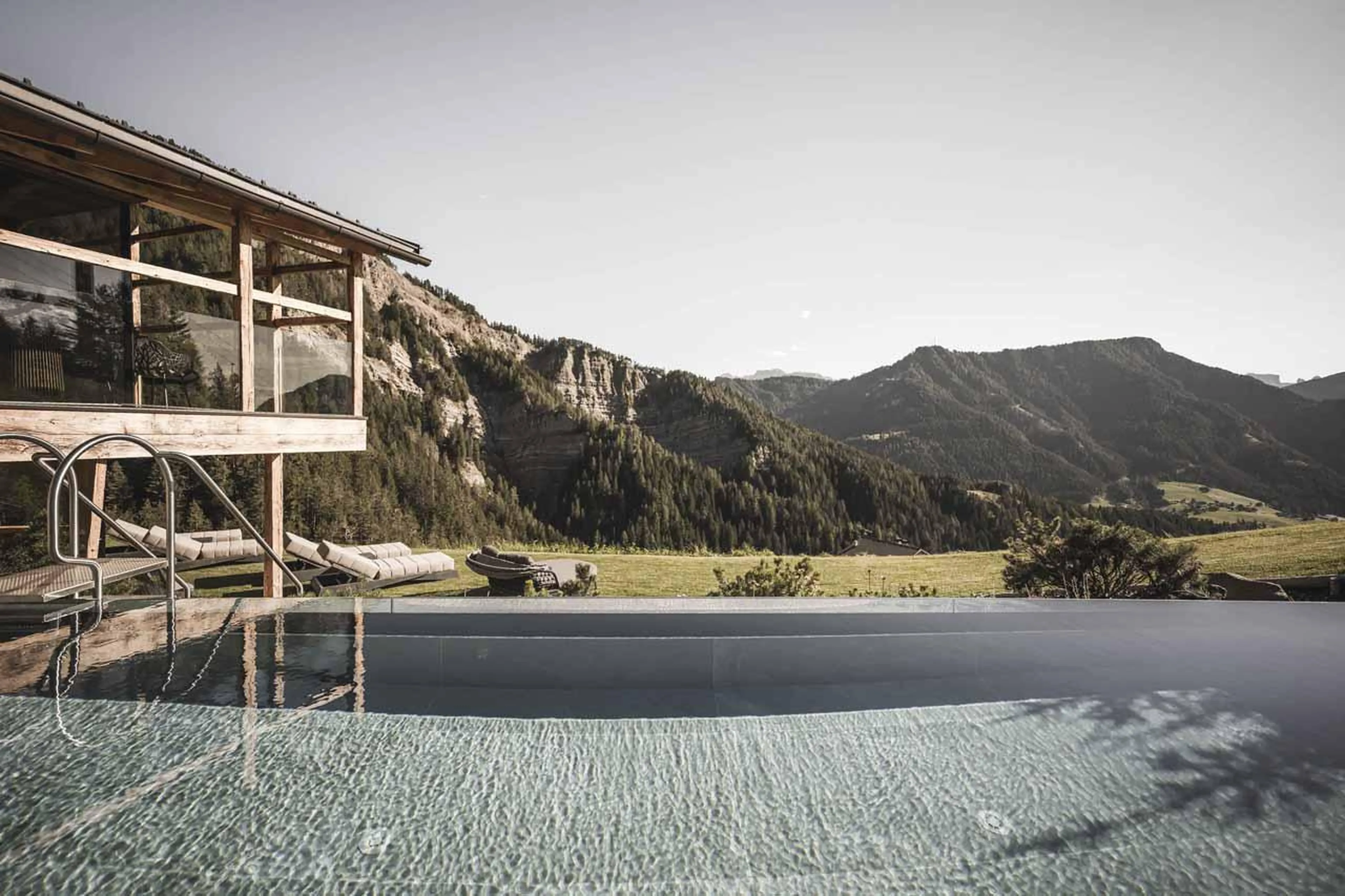 Balcony and pool view at Chalet Vilaiet in Val Gardena