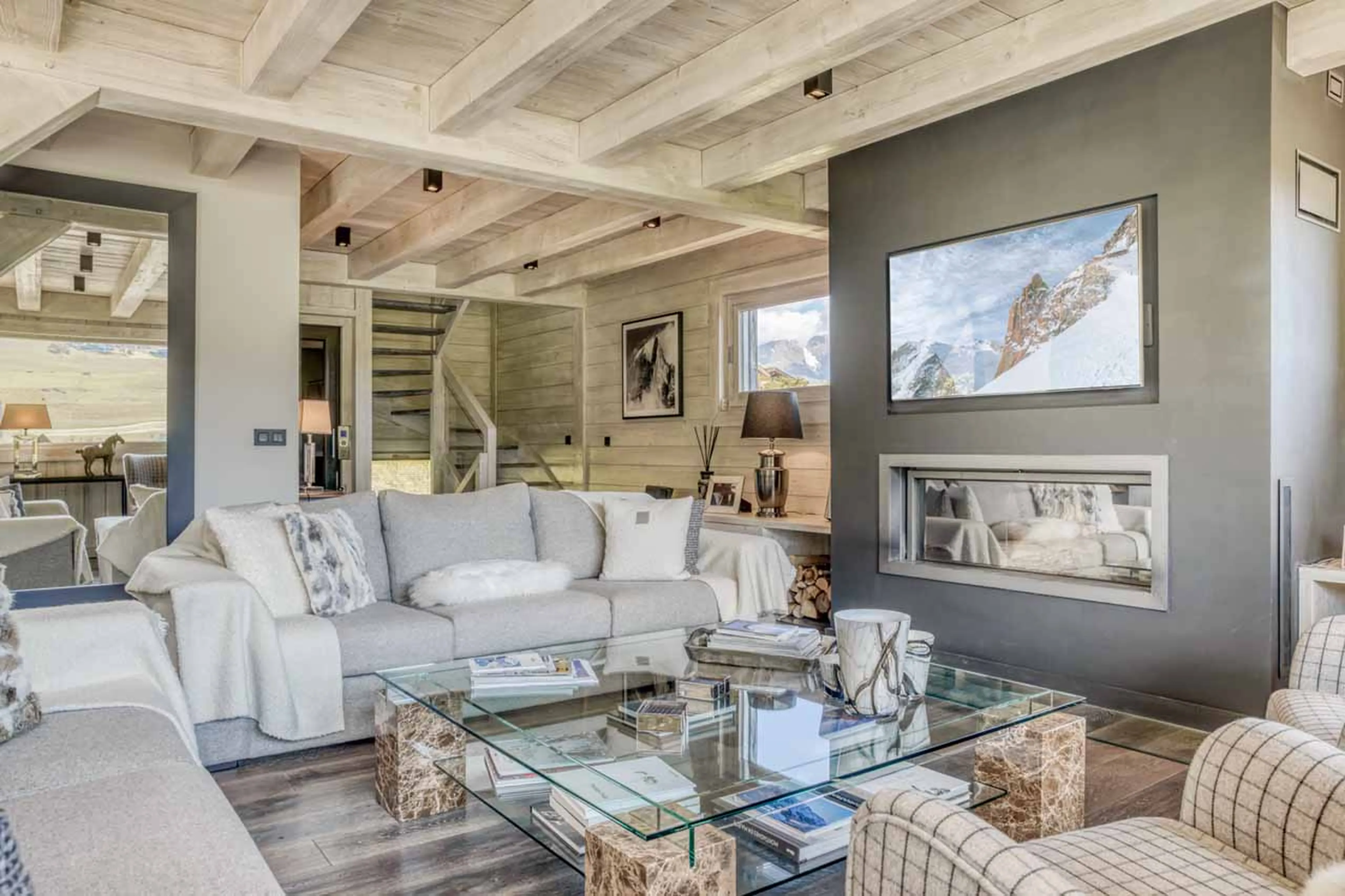 Living area fireplace at Chalet White in Megeve