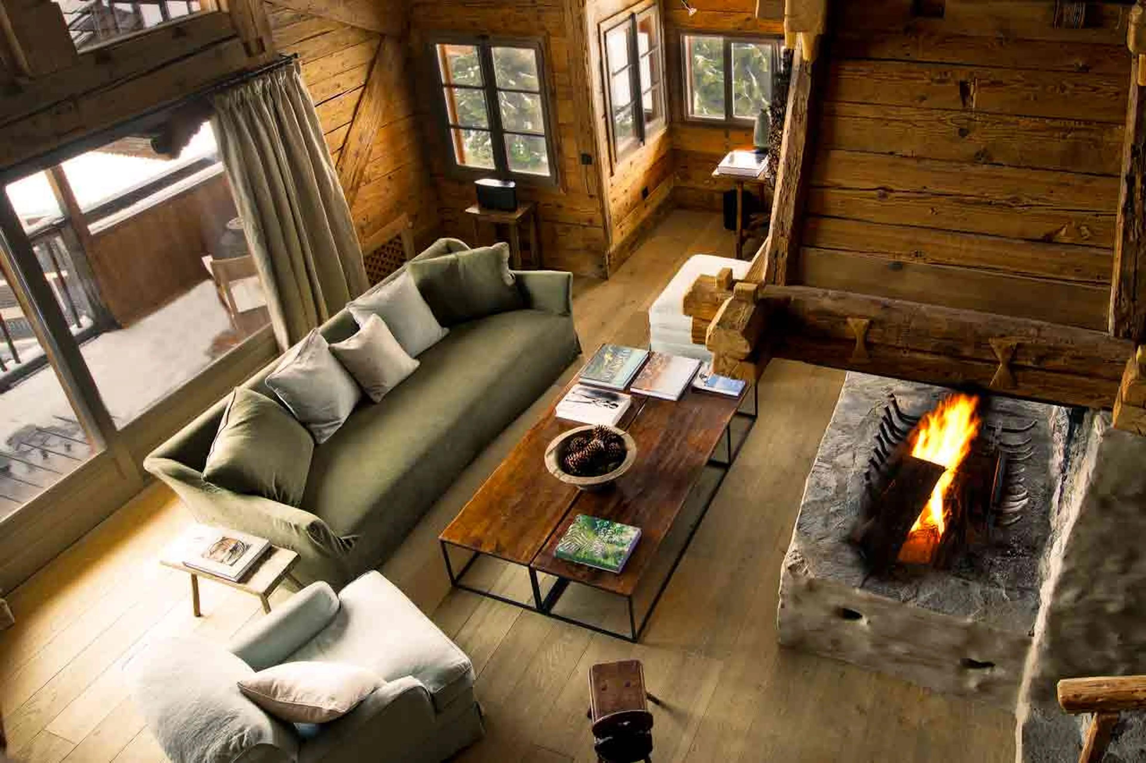 Aerial view of living room at  Le Chalet Zannier in Megeve