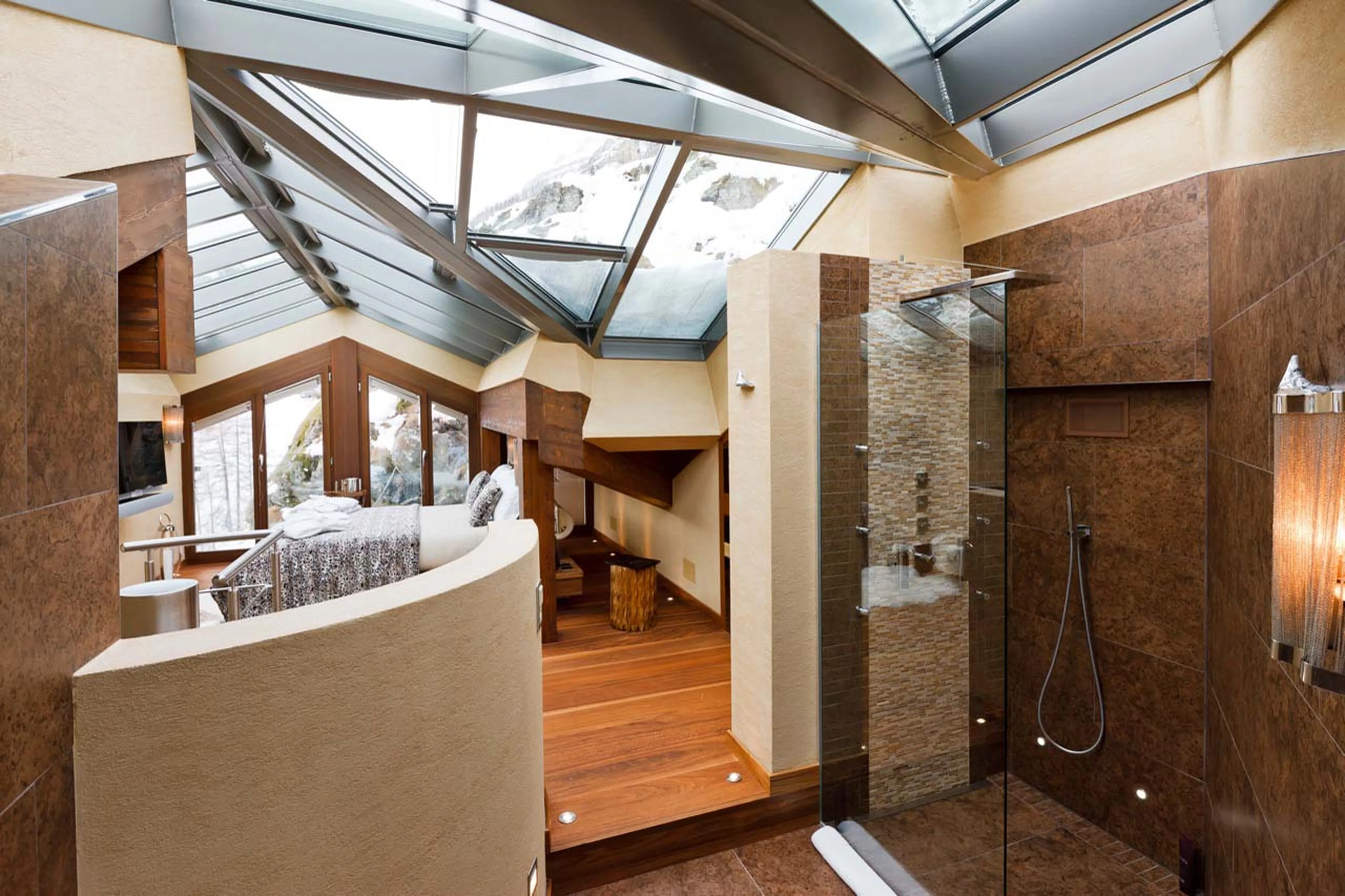 Glass roof of gallery bedroom at Chalet Zermatt Peak in Zermatt