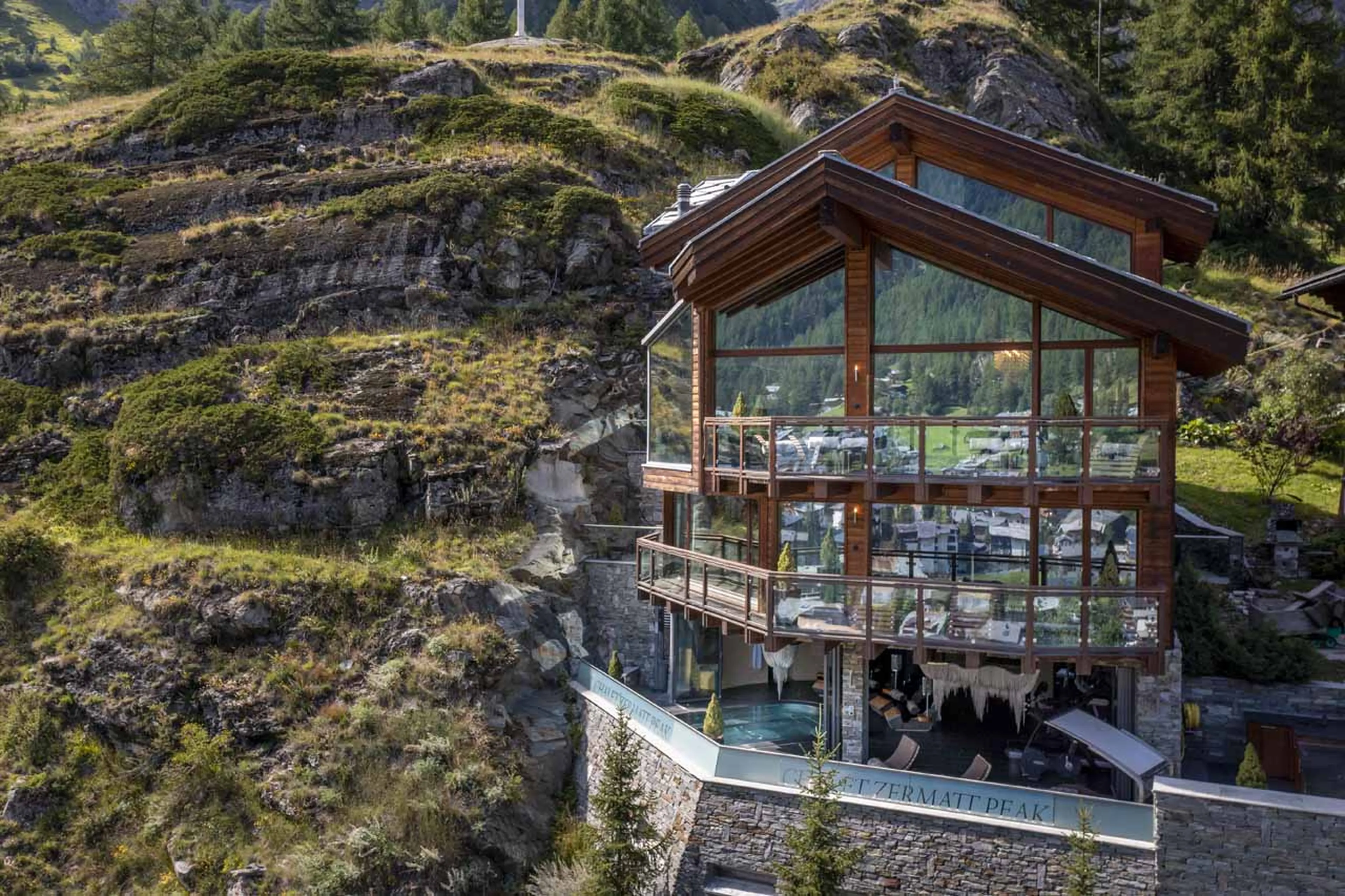 Terraces and balconies of Chalet Zermatt Peak in Zermatt in summer
