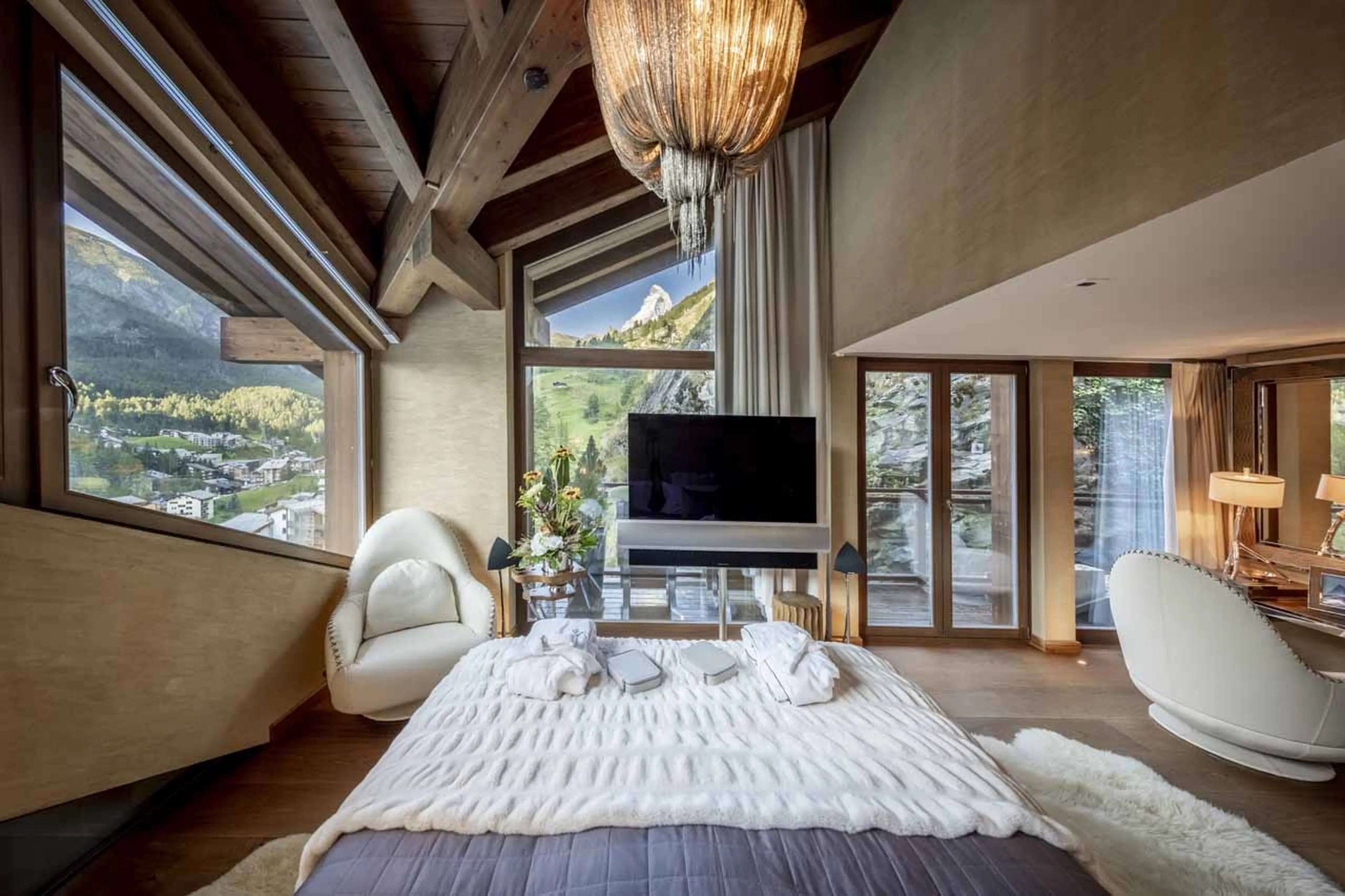 Tv in master suite of Chalet Zermatt Peak in summer