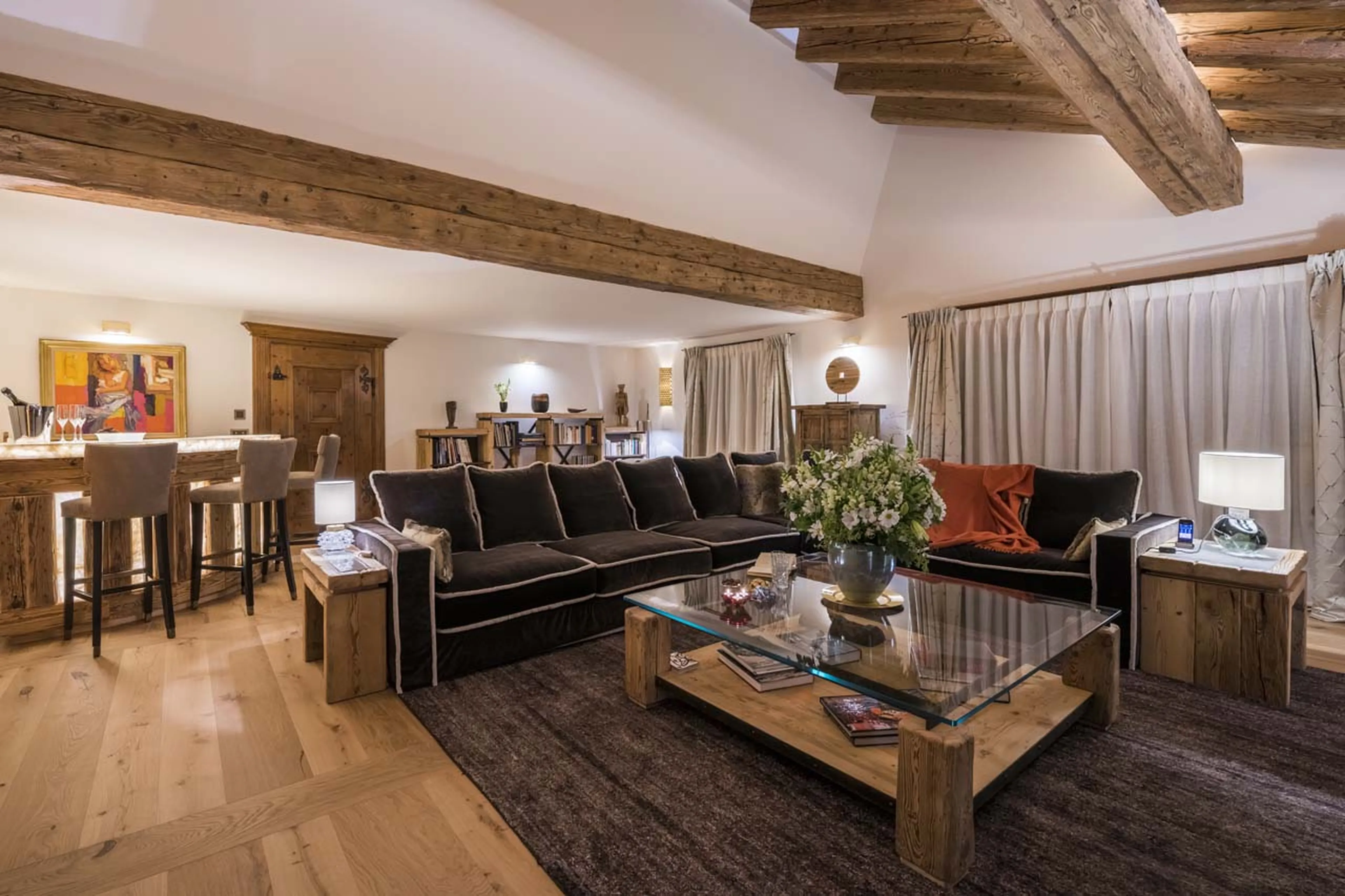 Living room and bar at Chesa El Toula in St Moritz