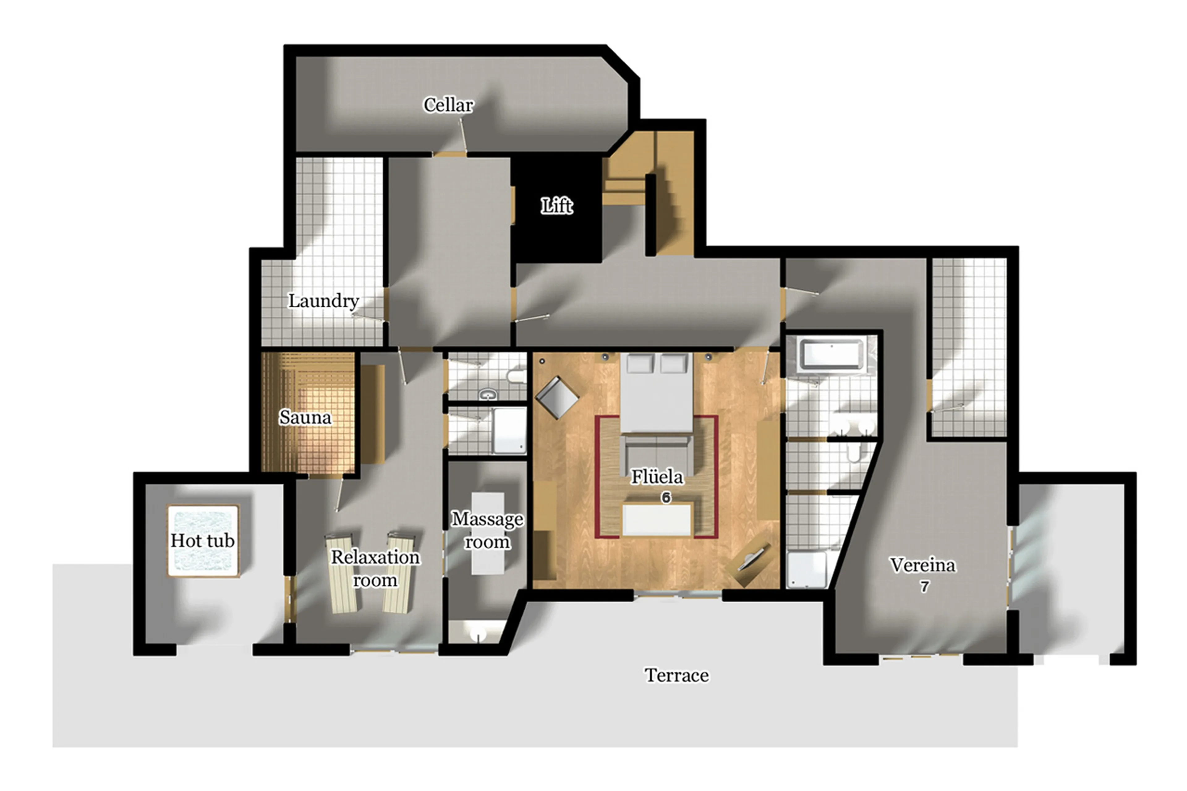 Level - 1 floor plan of Chesa Falcun in Klosters