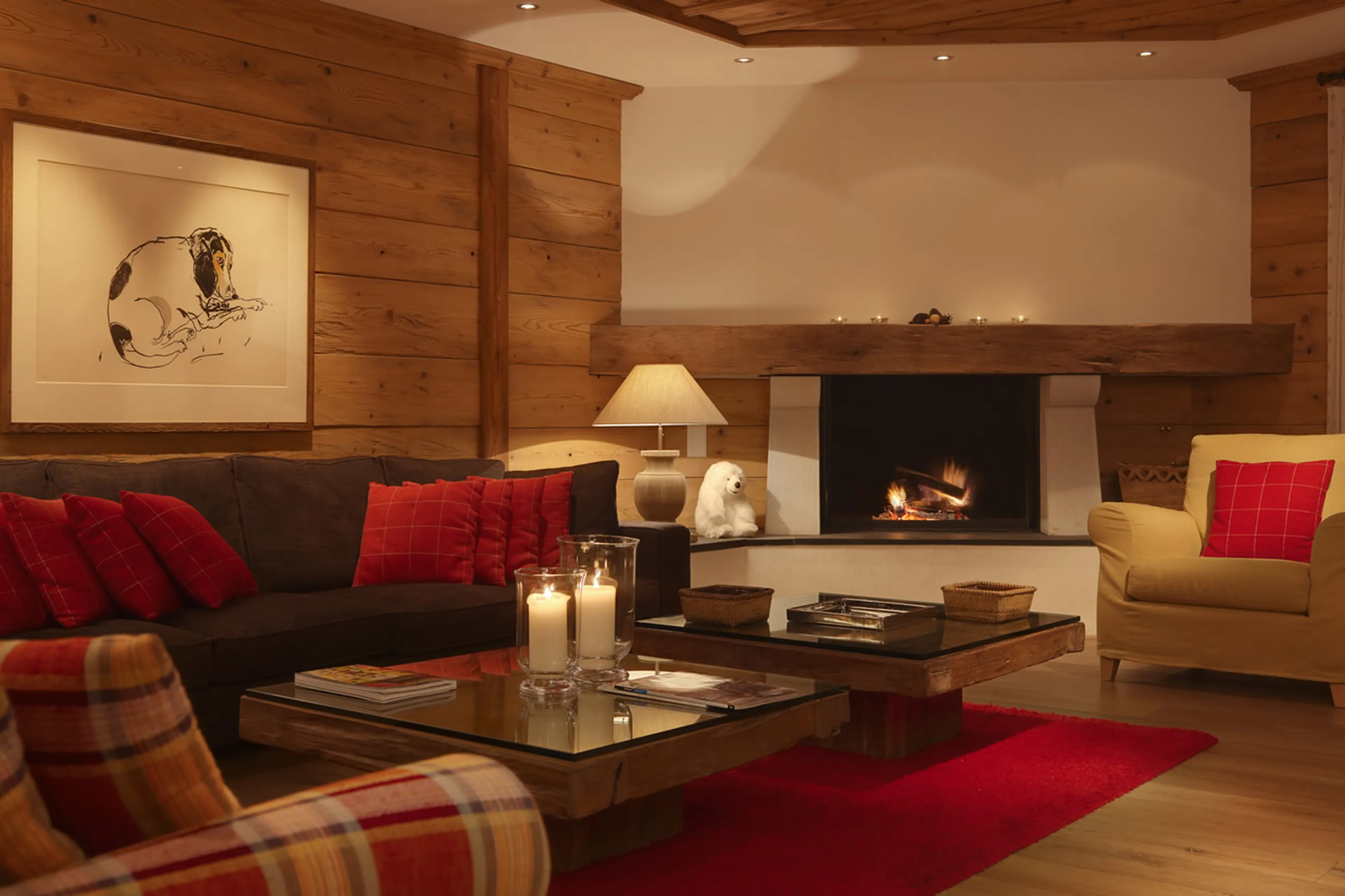 Living room at night of Chesa Falcun in Klosters