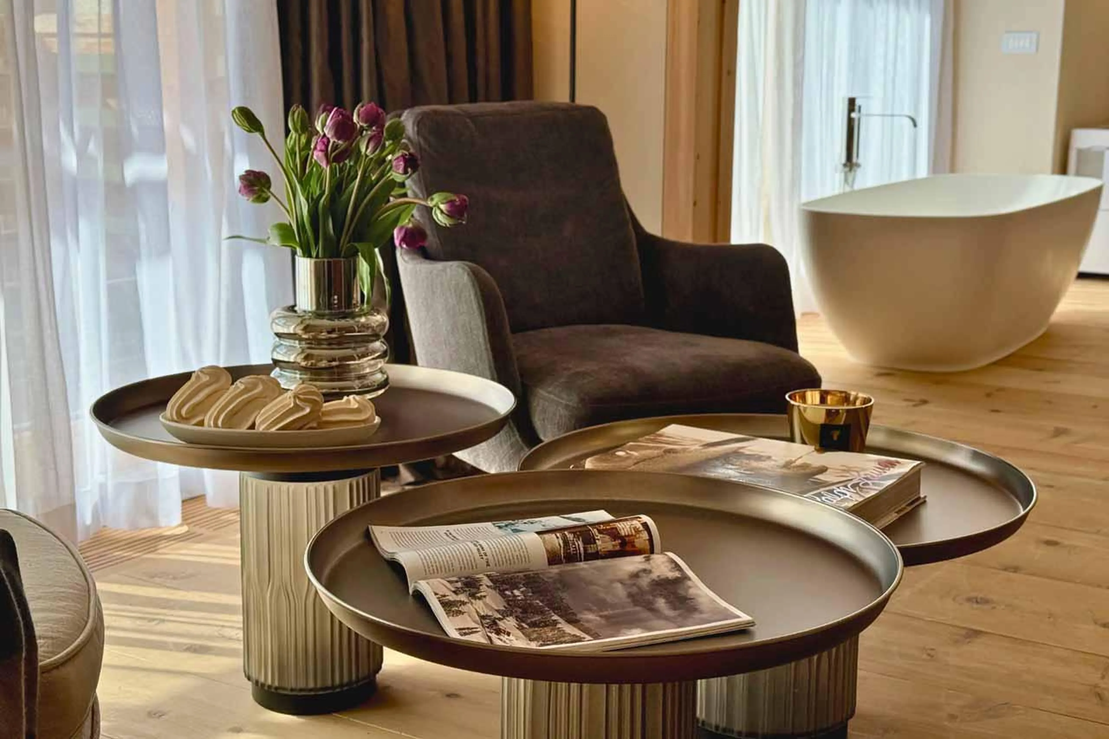 Bathtub in bedroom at Chesa Laret in St Moritz