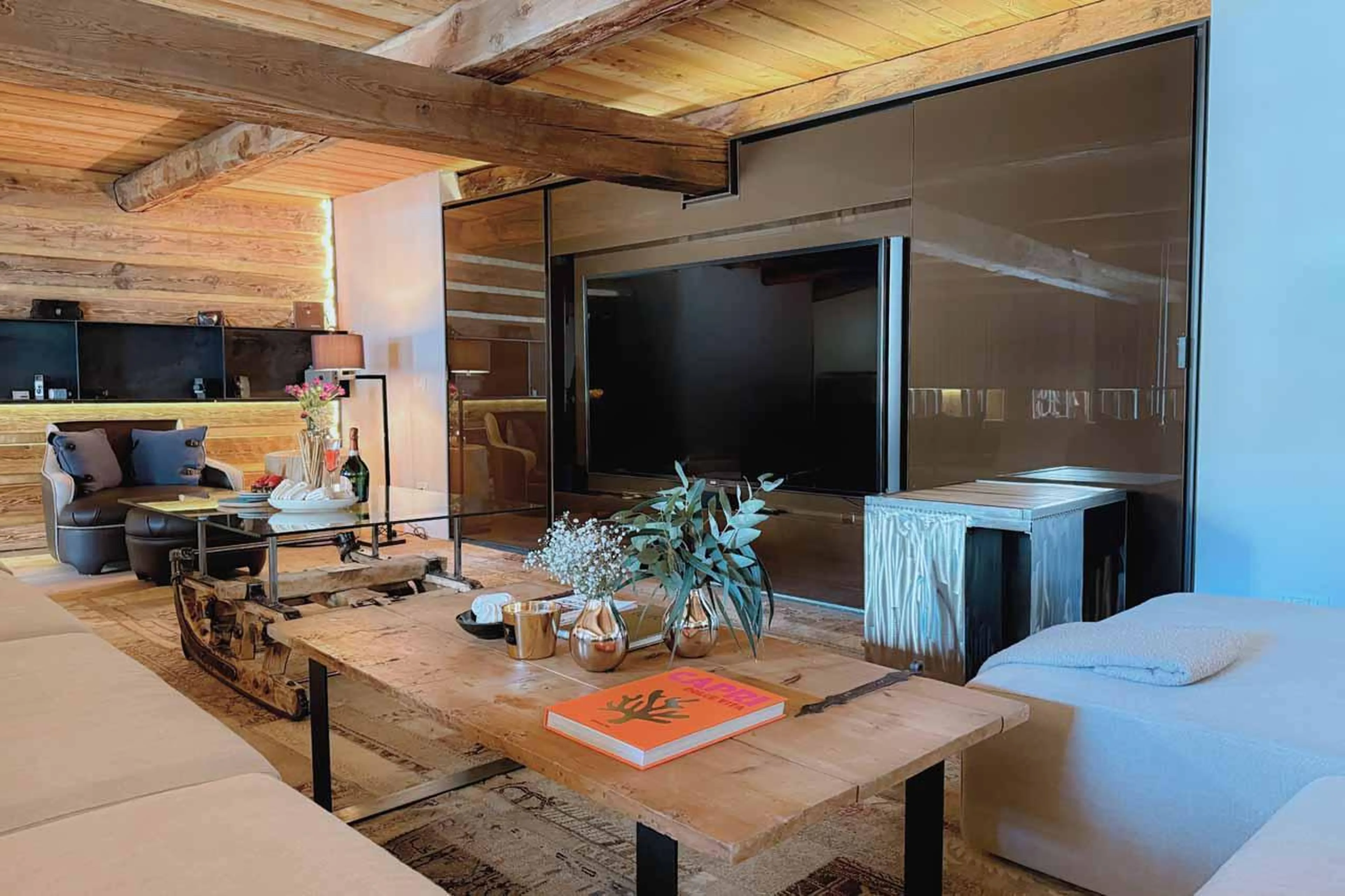 Mezzanine lounge at Chesa Laret in St Moritz