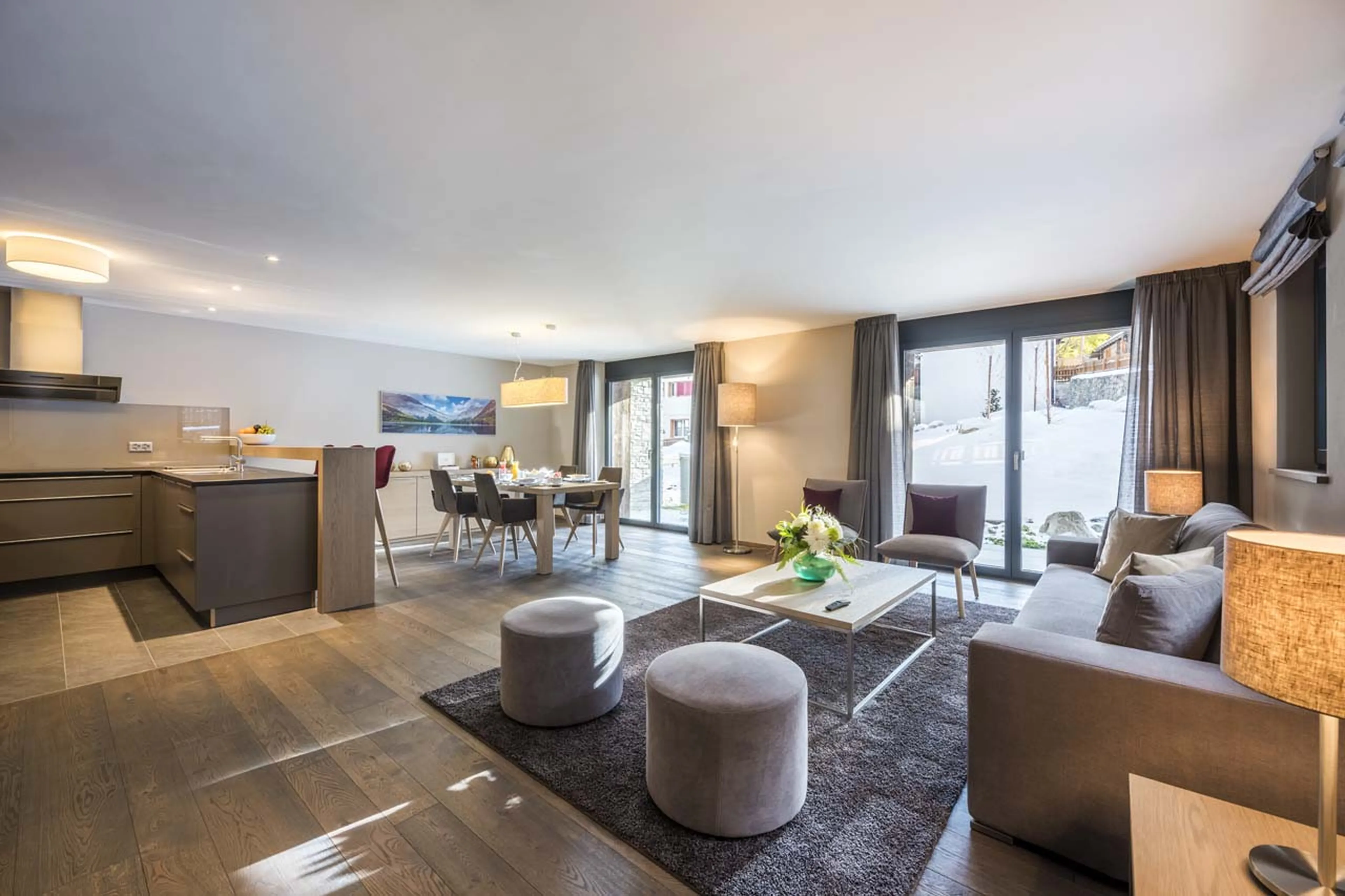 Access to terrace from open plan living area at Christiania 1 Apartment in Zermatt