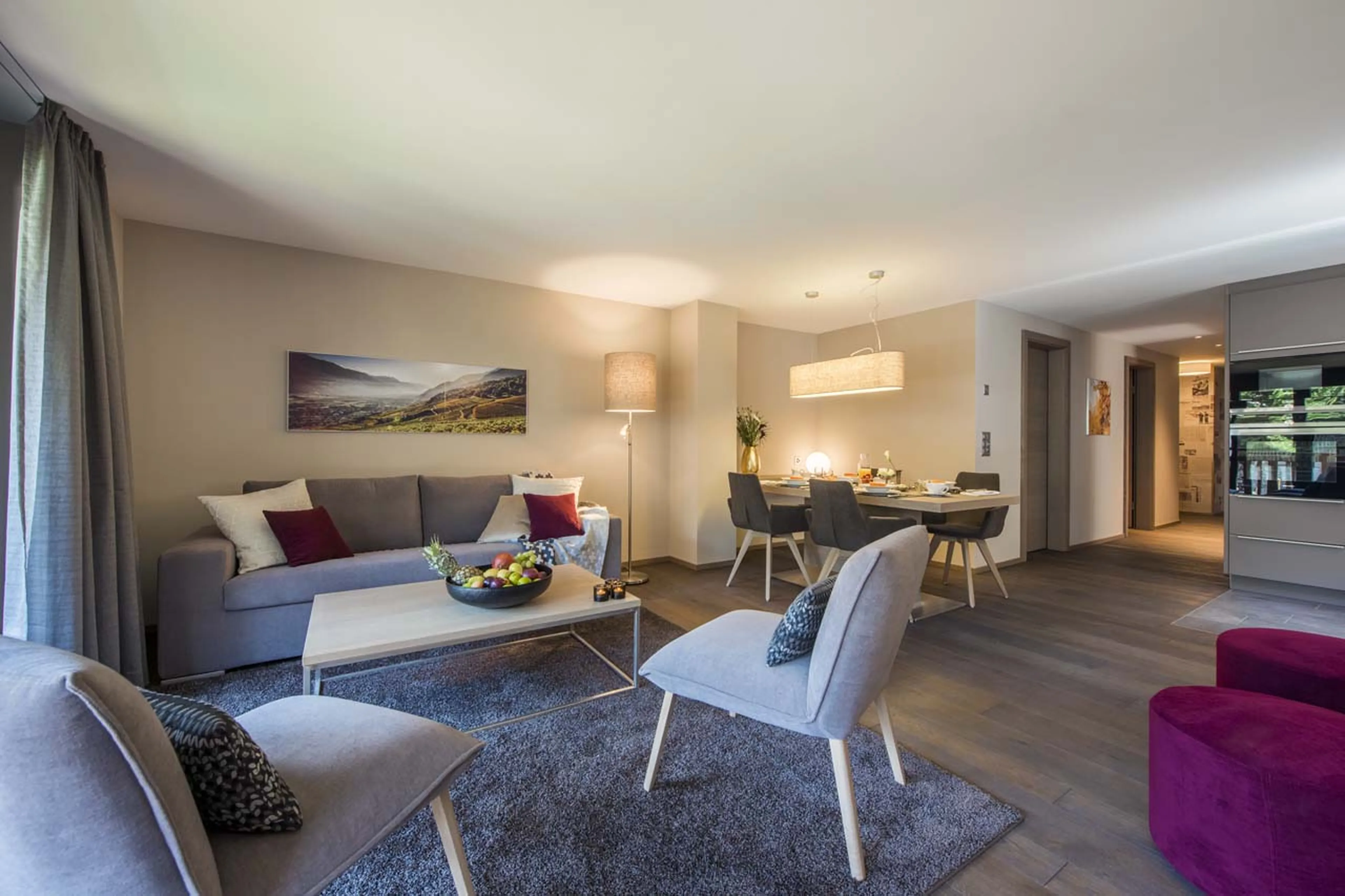 Comfortable sofas in living area of Christiania Apartment 5 in Zermatt