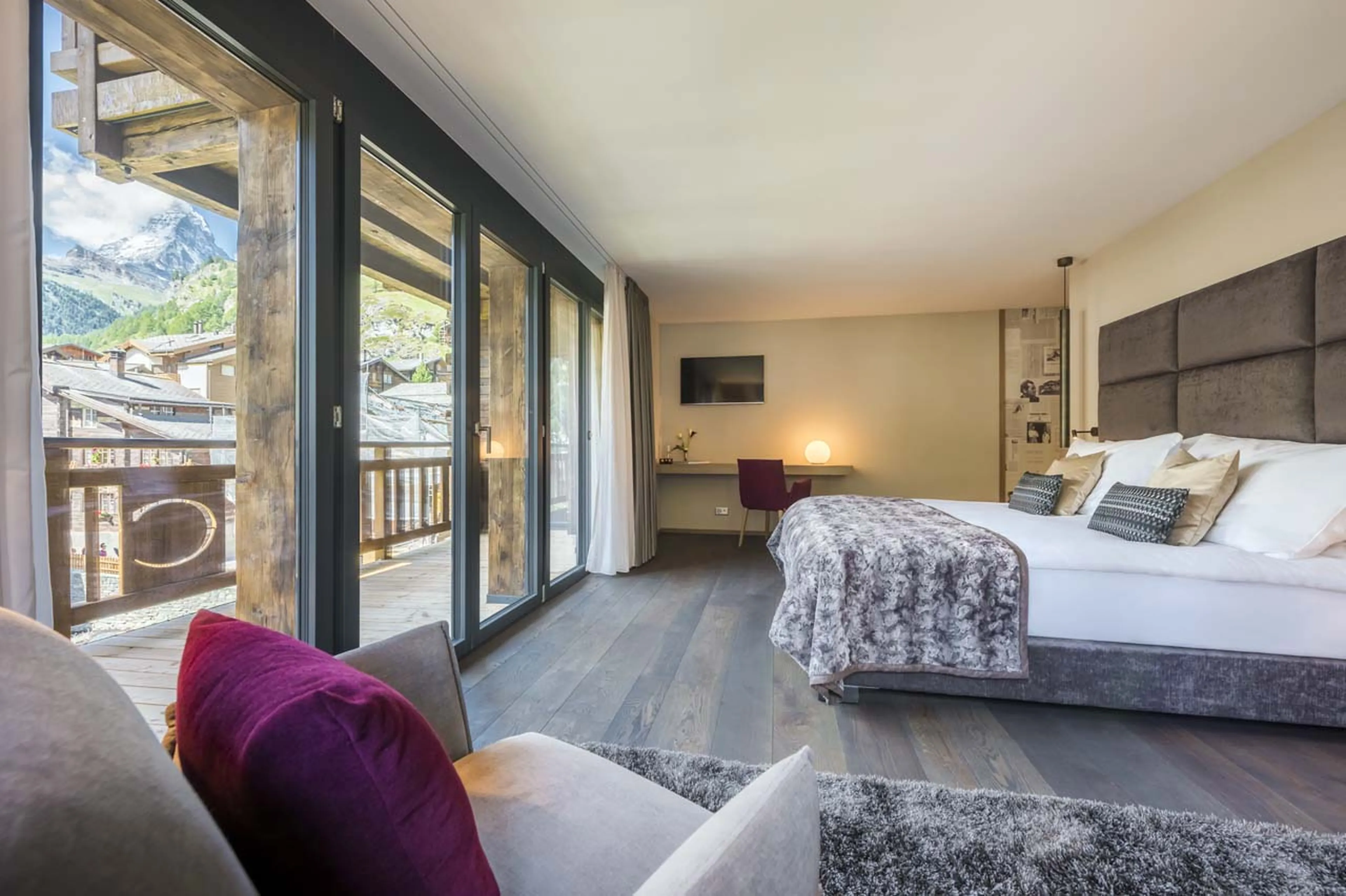 Matterhorn view from bedroom six at Christiania Penthouse in Zermatt