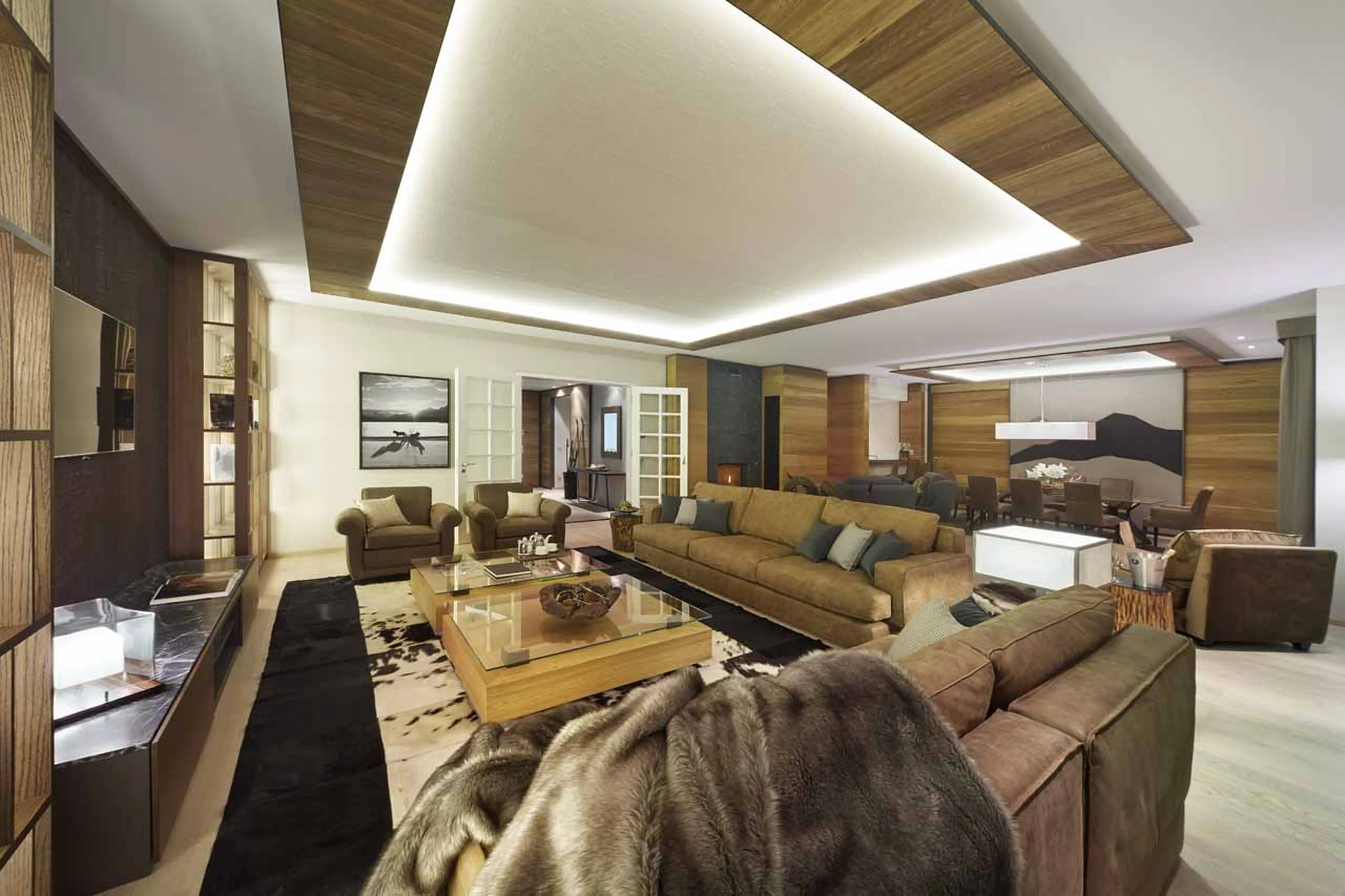 Open plan living area at Corvatsch Tower in St Moritz