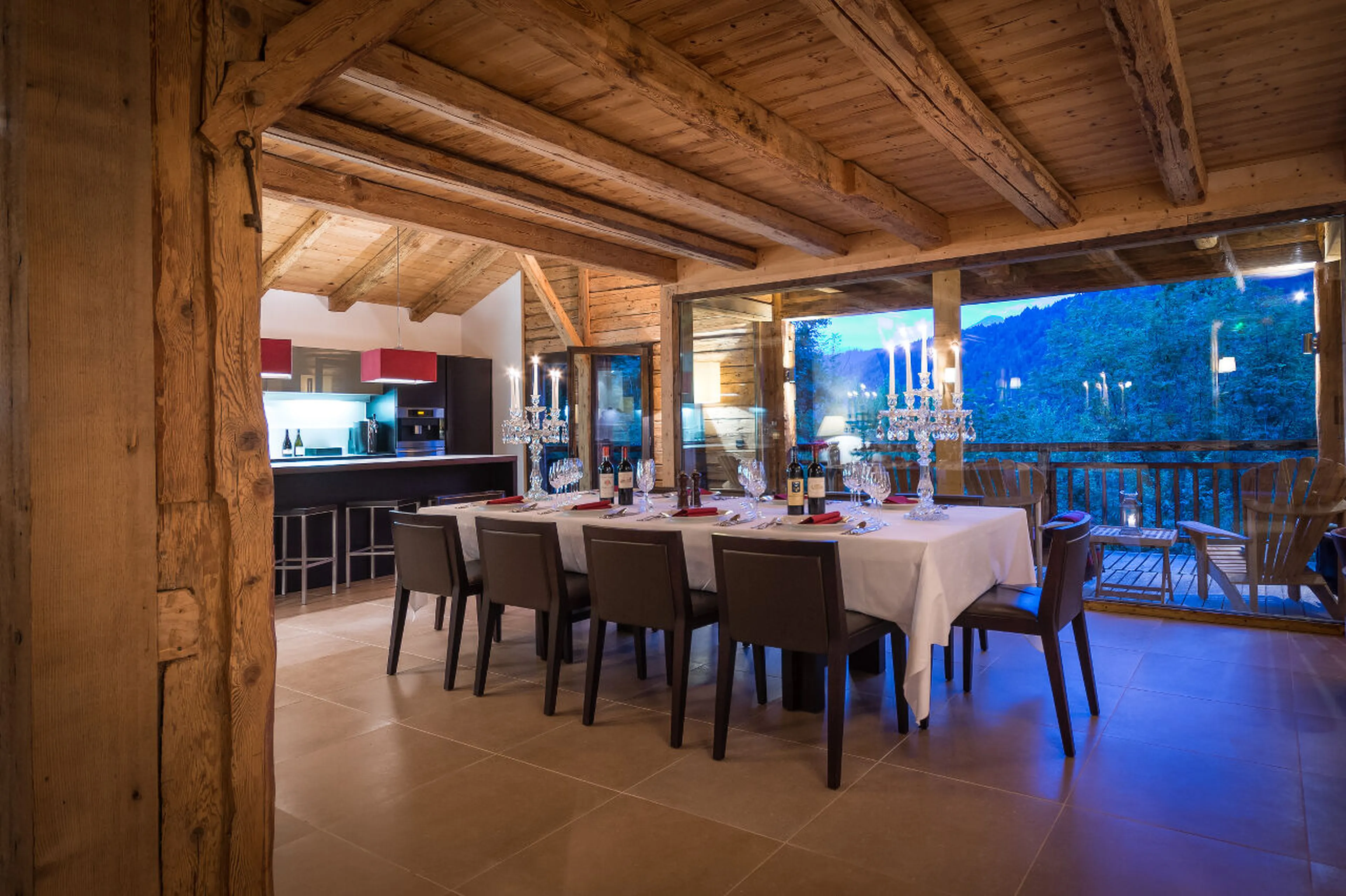 Open plan dining and kitchen area with panoramic view in Ferme de Moudon in Les Gets
