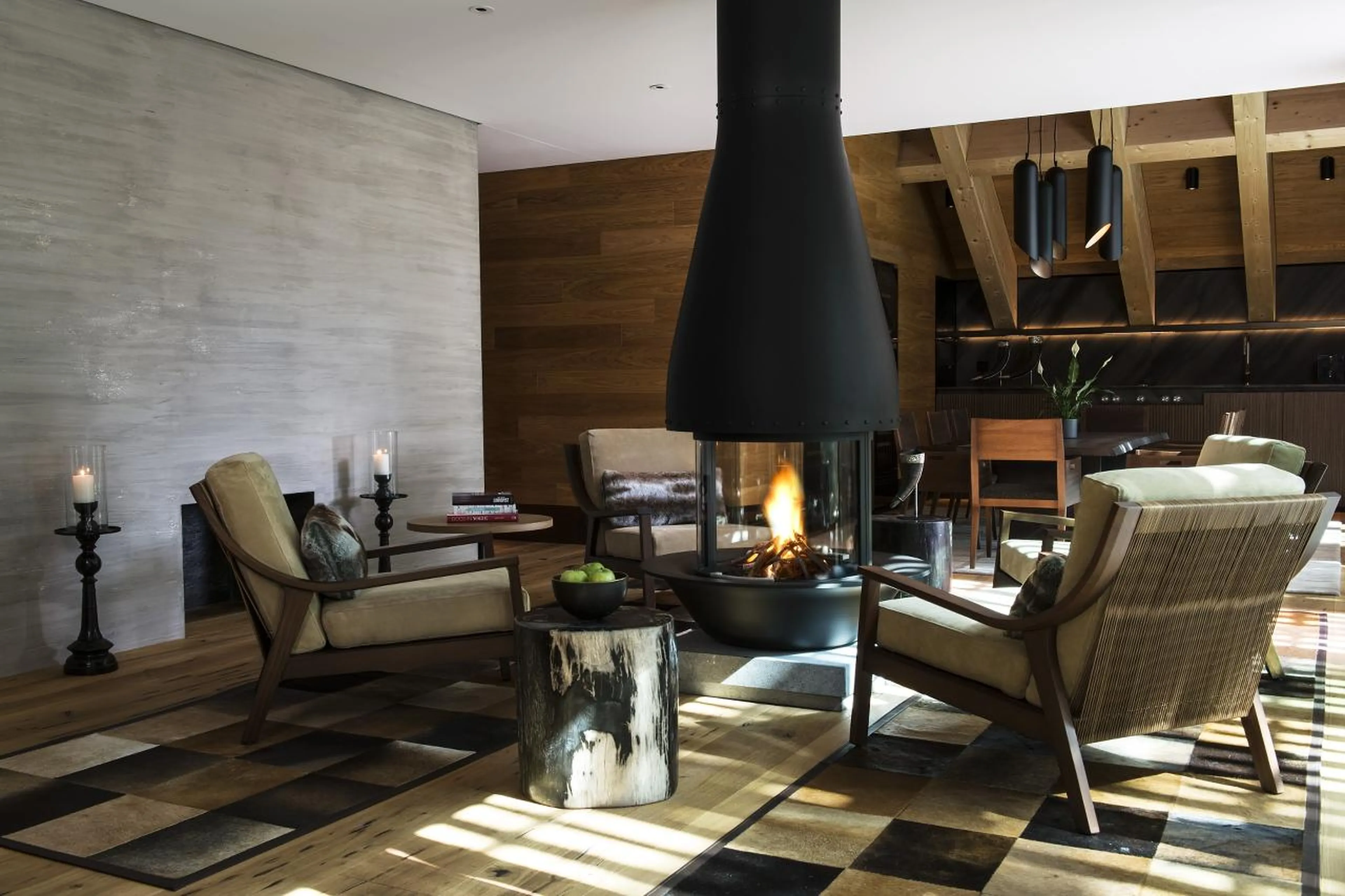 Living and dining area at Furka Suite in Andermatt