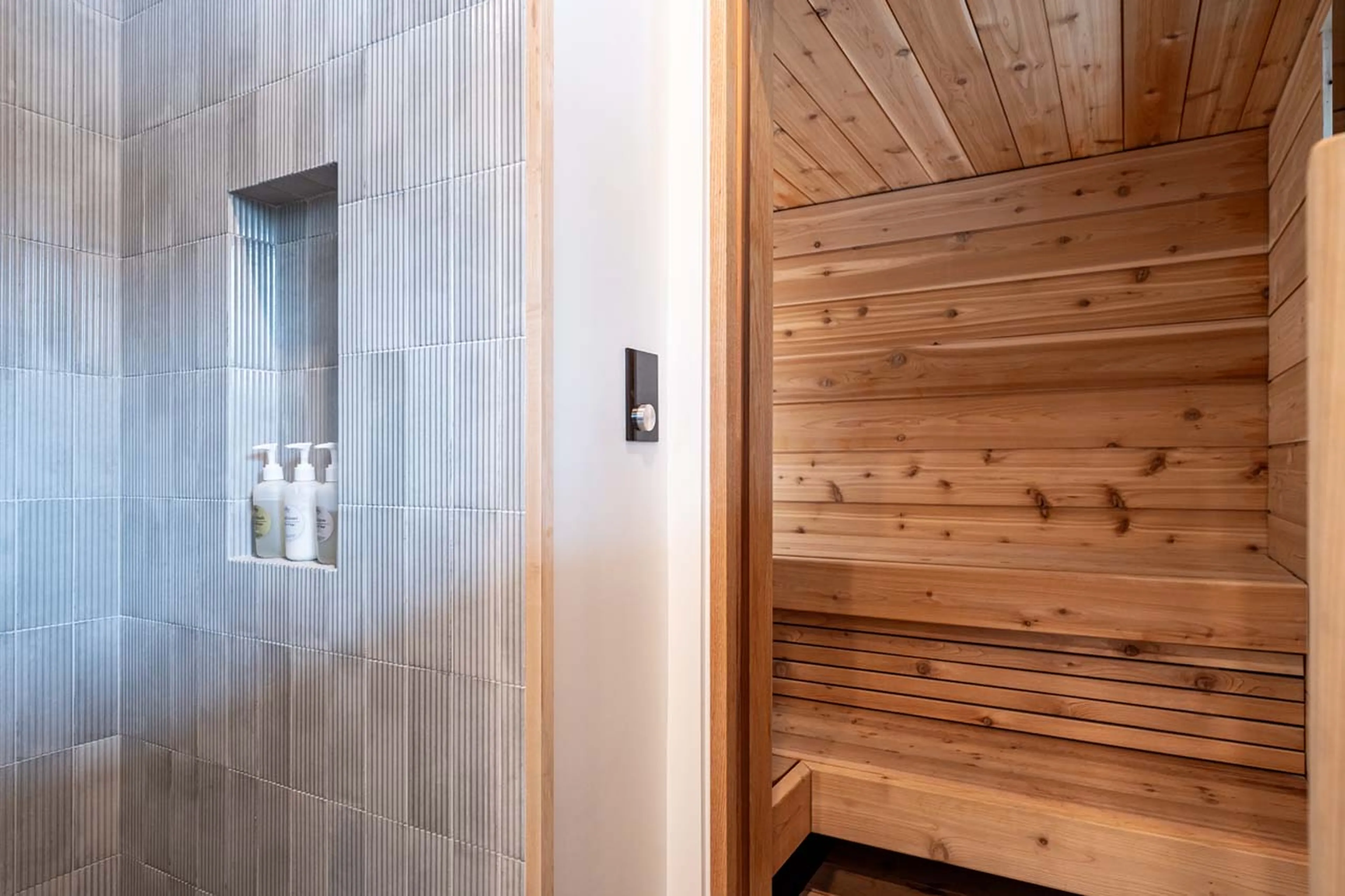 Shower and sauna in Ghost Peak Chalet, Revelstoke