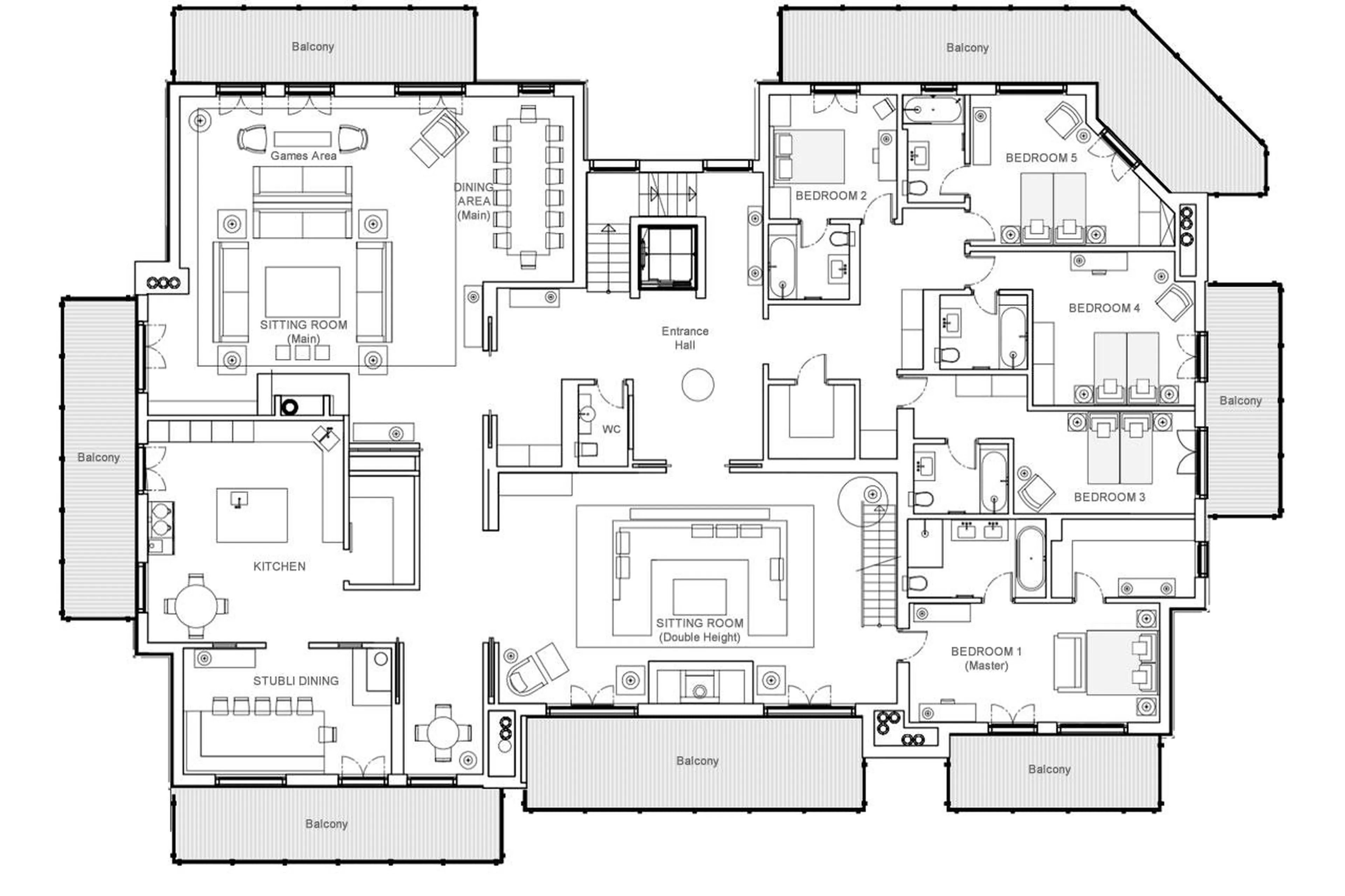 Main level floor plan of Haus Alpina I in Klosters
