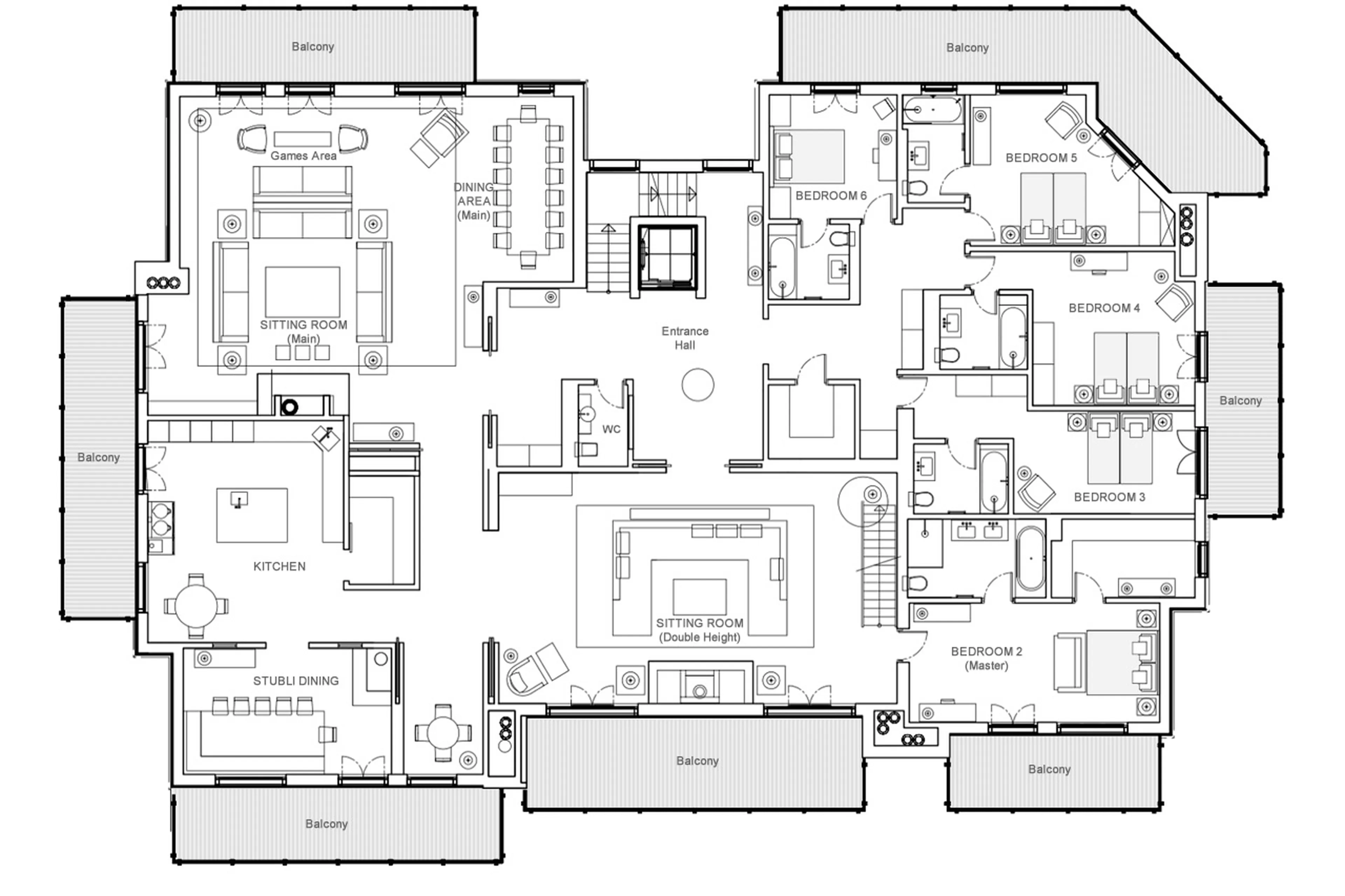 Main level floor plan of Haus Alpina in Klosters