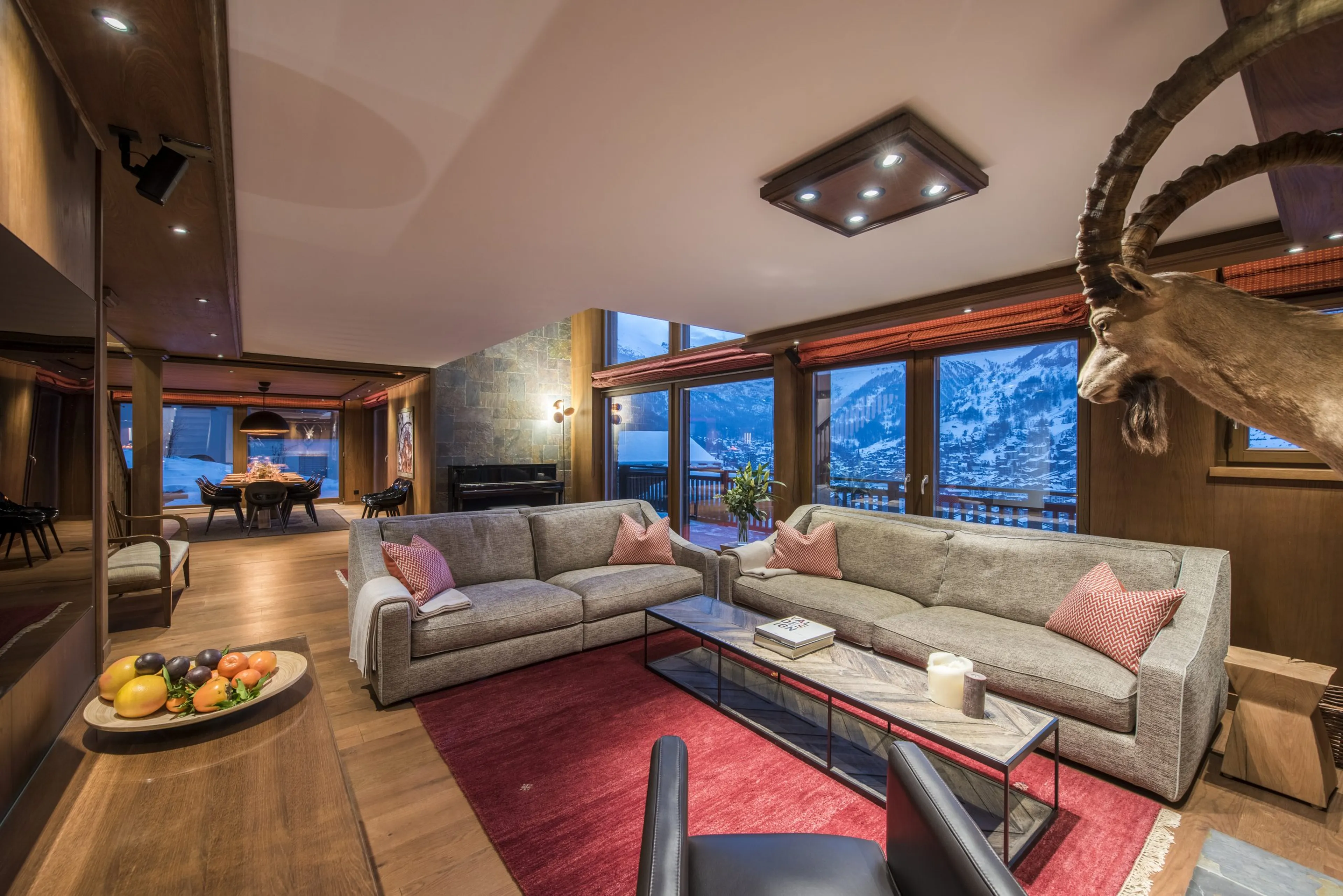 Living room of Haus Leytron in Zermatt at night