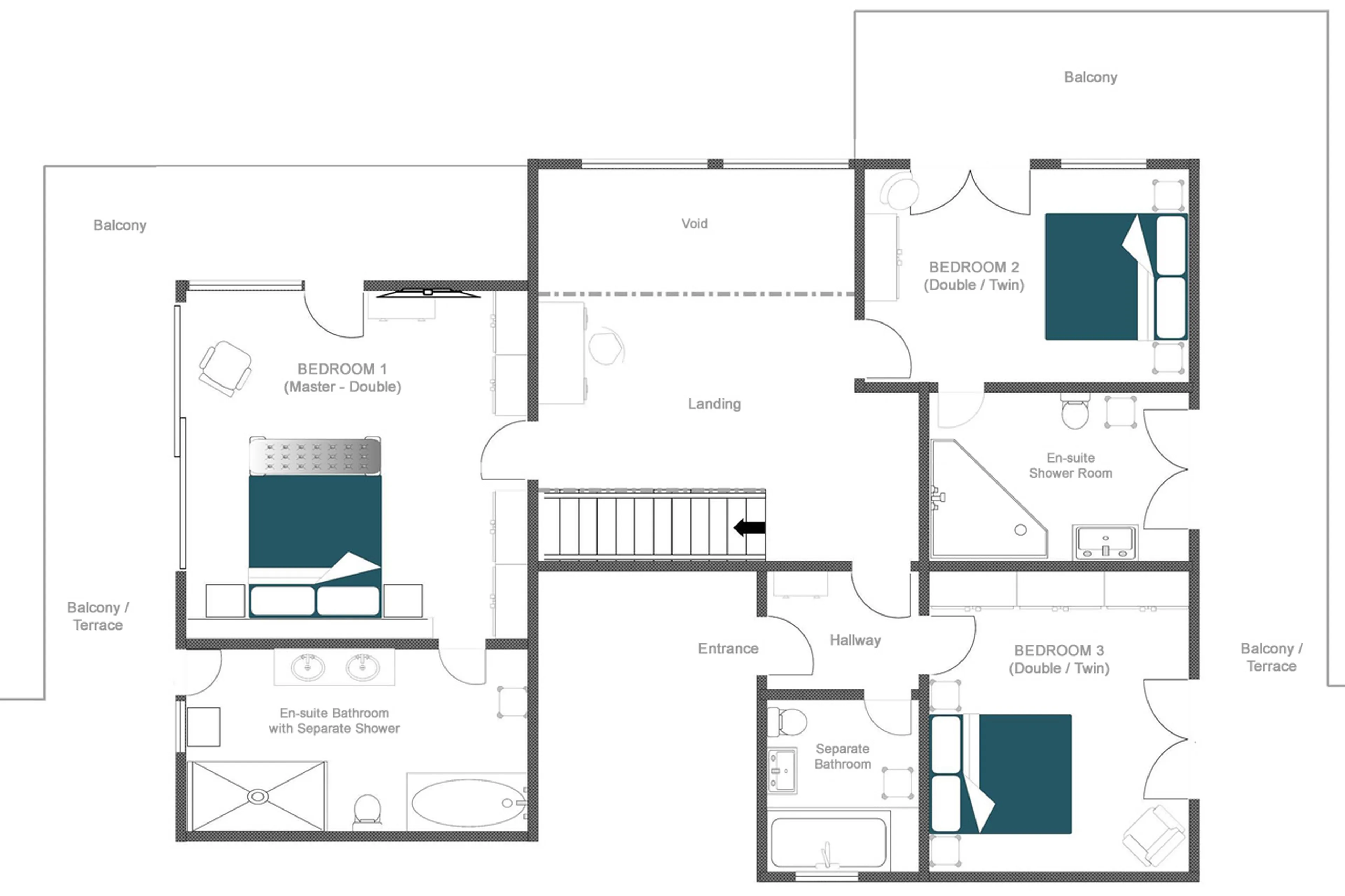 Upper level floor plan of Haus Leytron