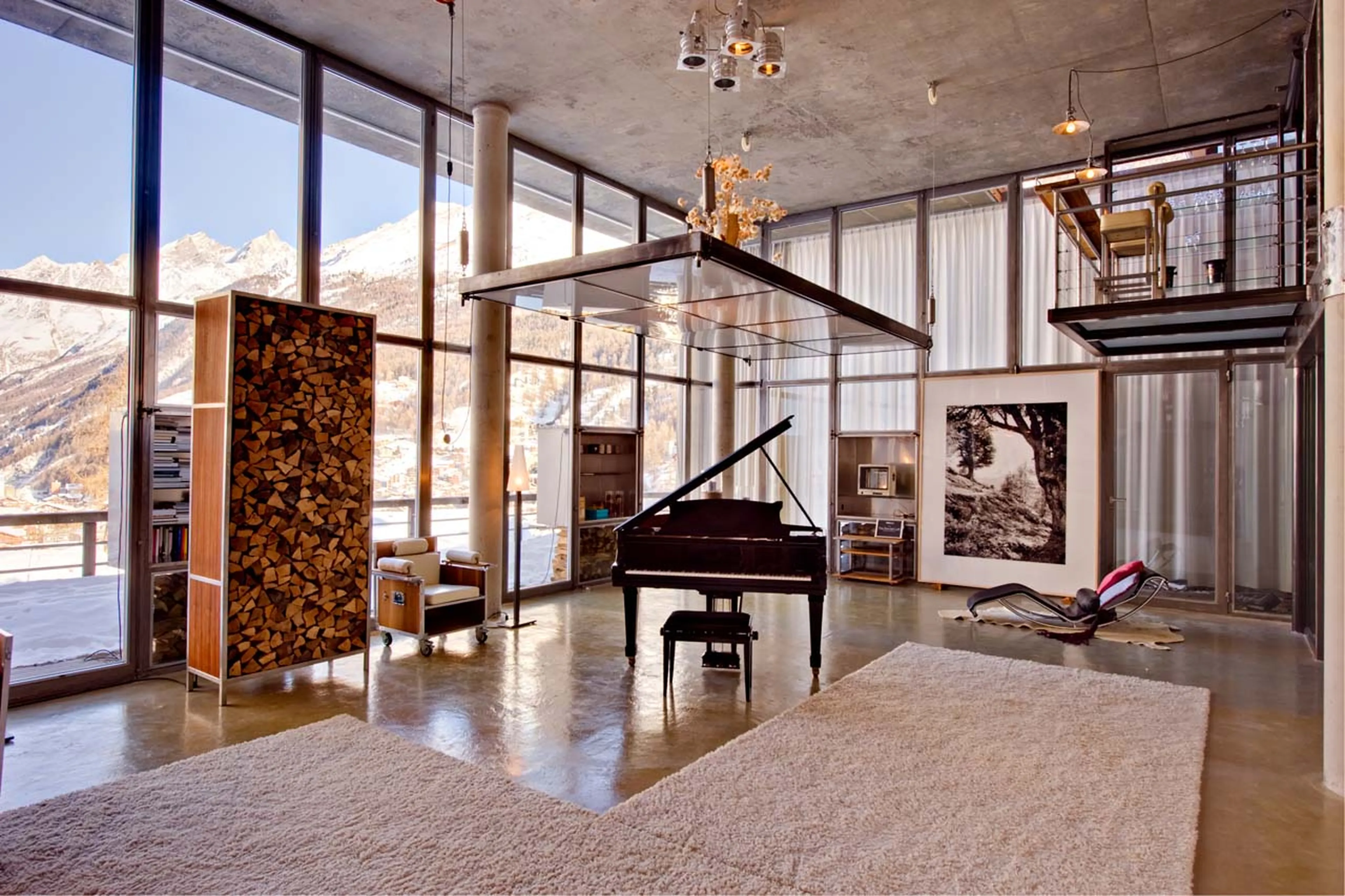 Steinway baby grand piano in Heinz Julen Loft in Zermatt