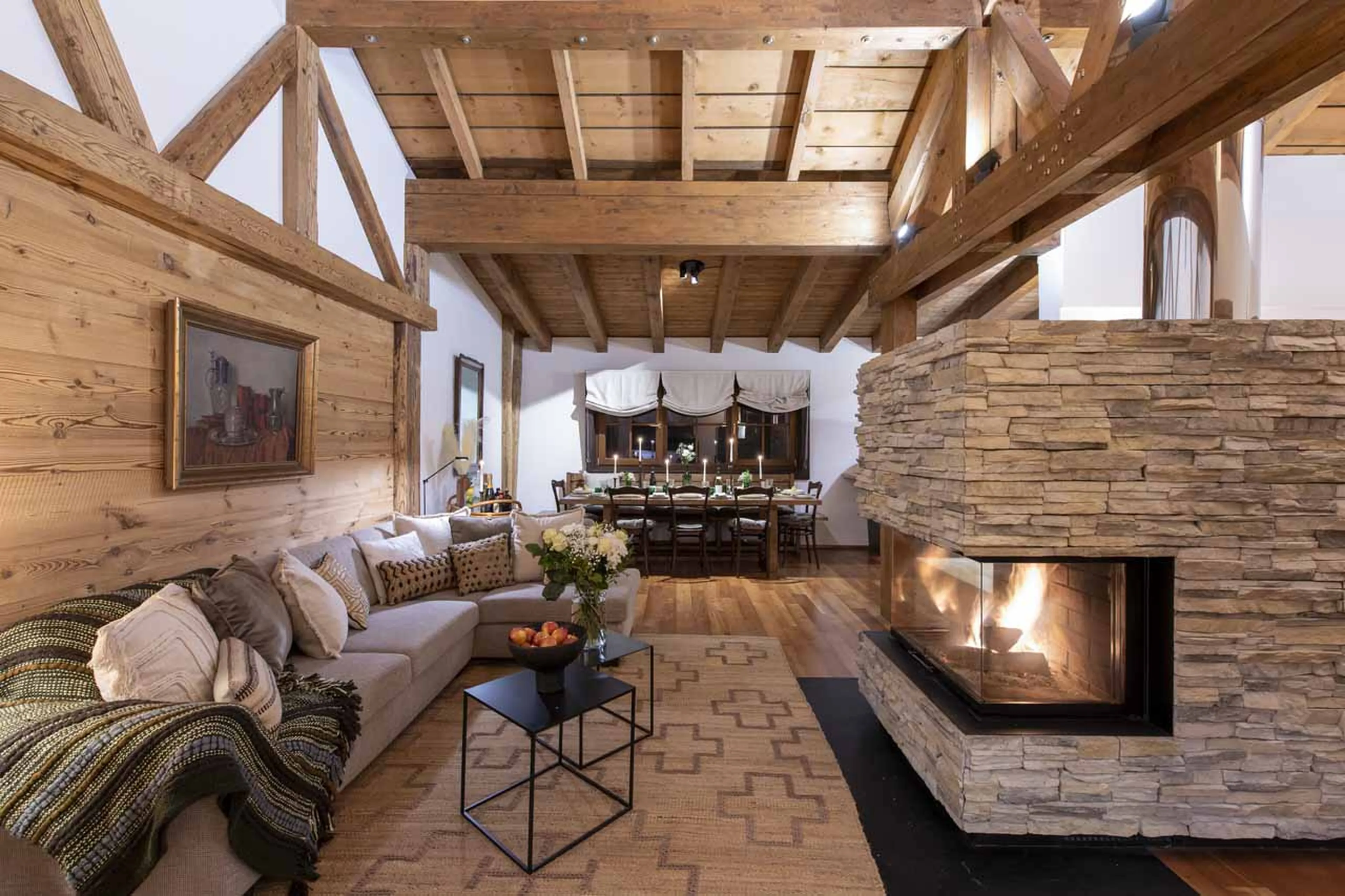 Fireplace in living area at Kikombe Lodge in St Anton