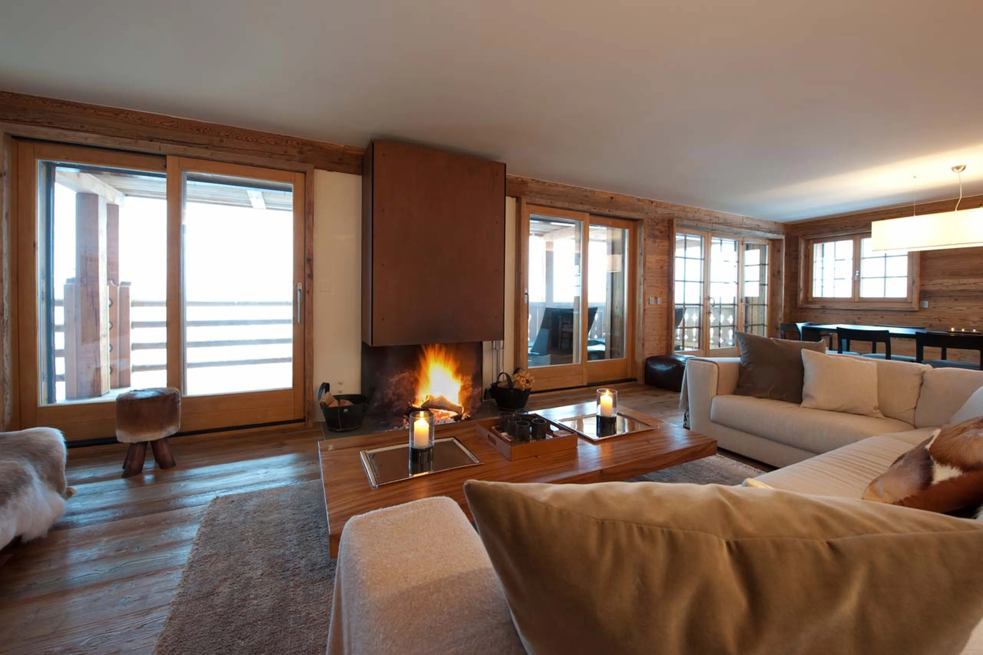 Fireplace in living room of La Vallée Blanche in Verbier