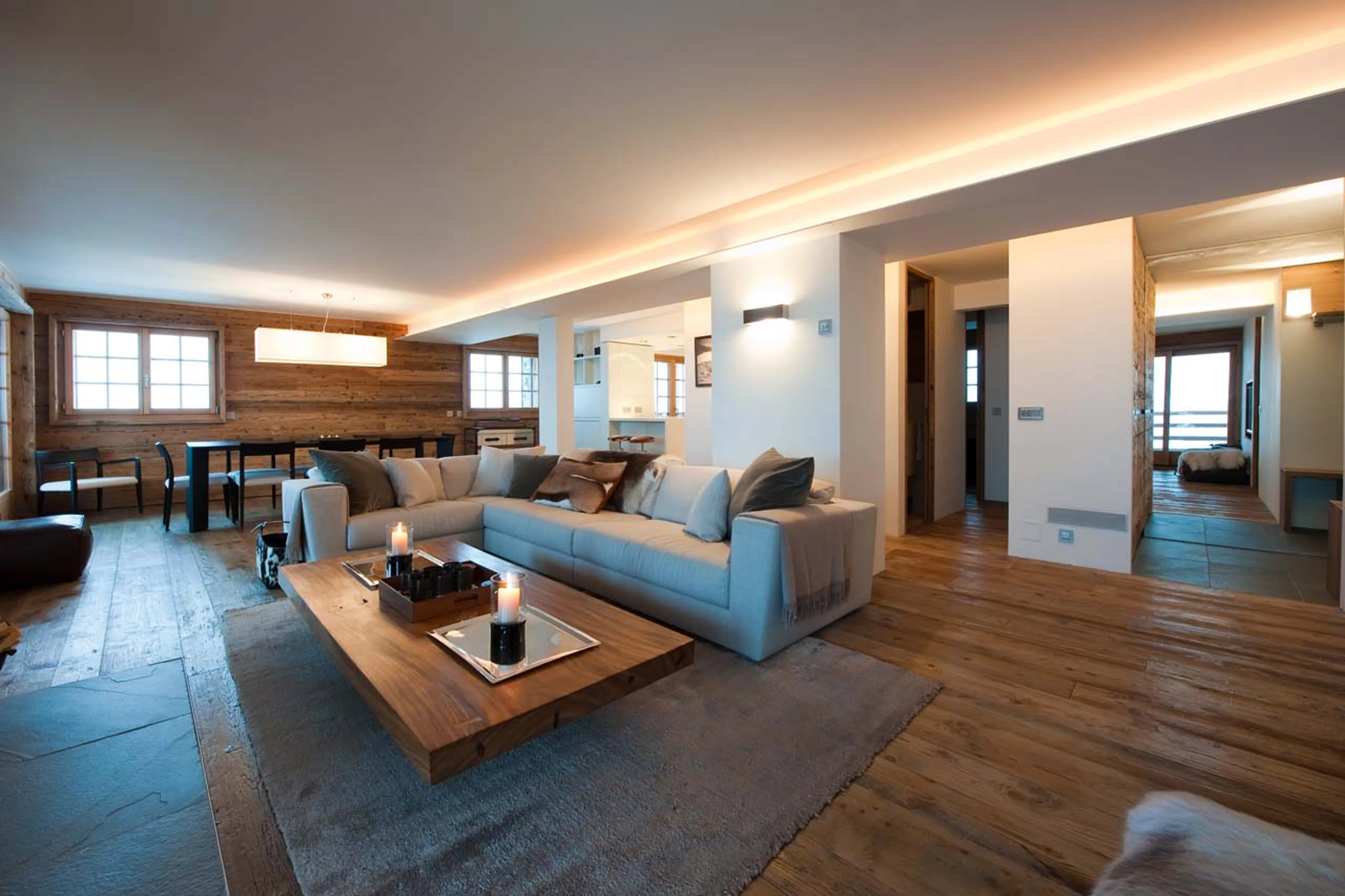 Spacious open plan living area in La Vallée Blanche in Verbier