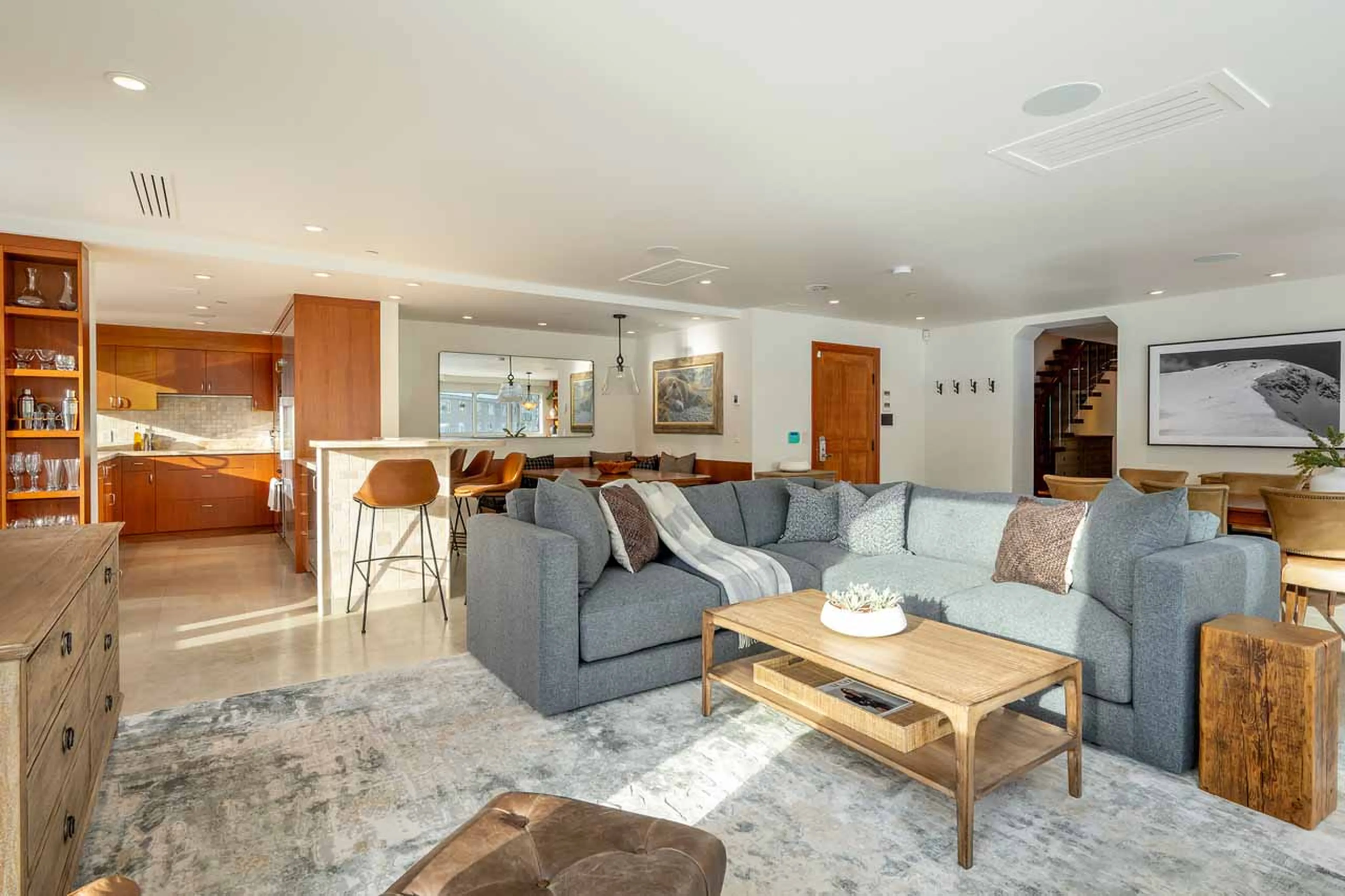 Living area overview at Le Chamois Penthouse in Whistler