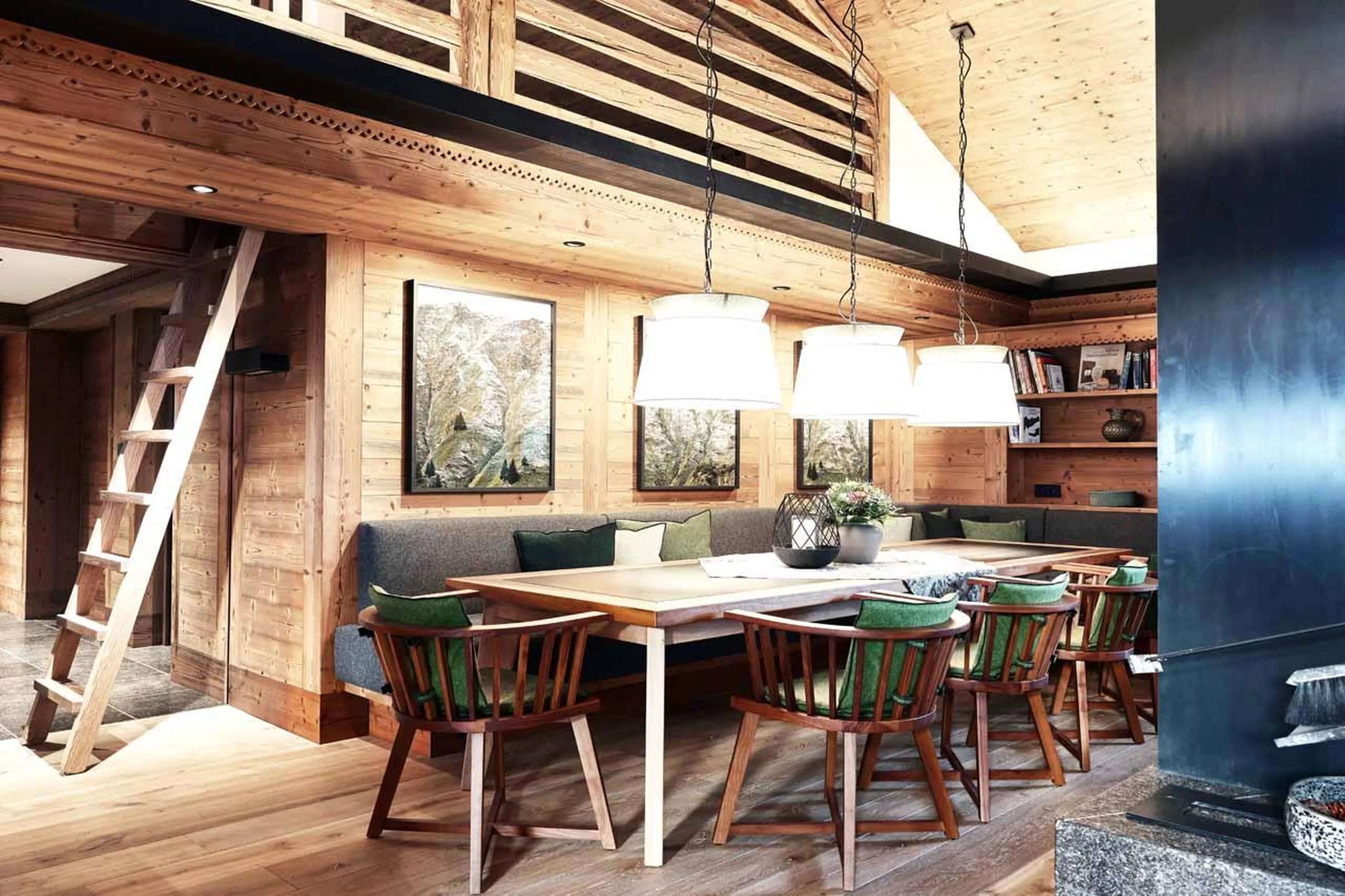 Dining table with bench seating on one side in Lech Lodge Loft, Lech