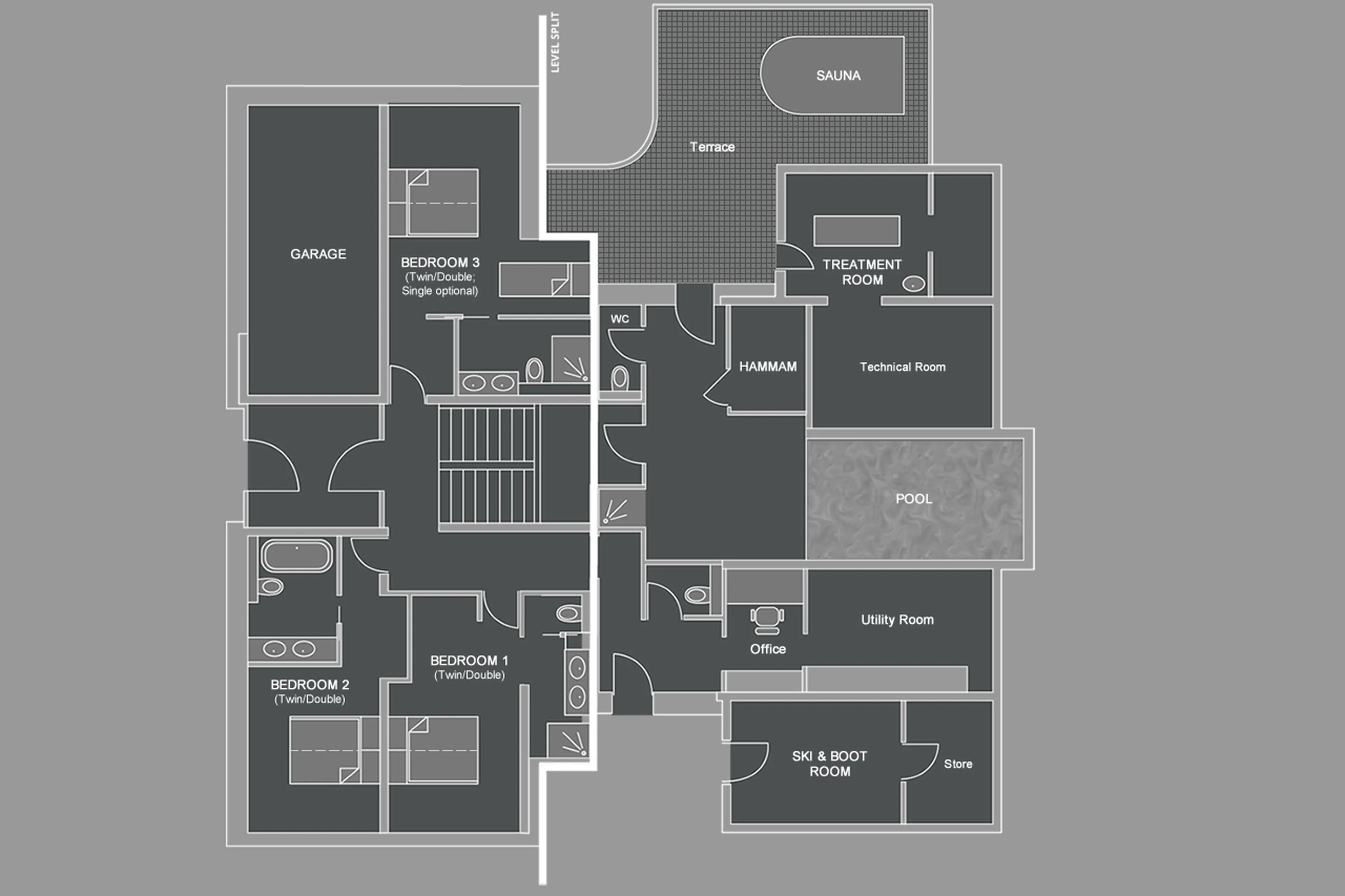 Level 1 & 0 floor plan at Lodge de Nants in Morzine