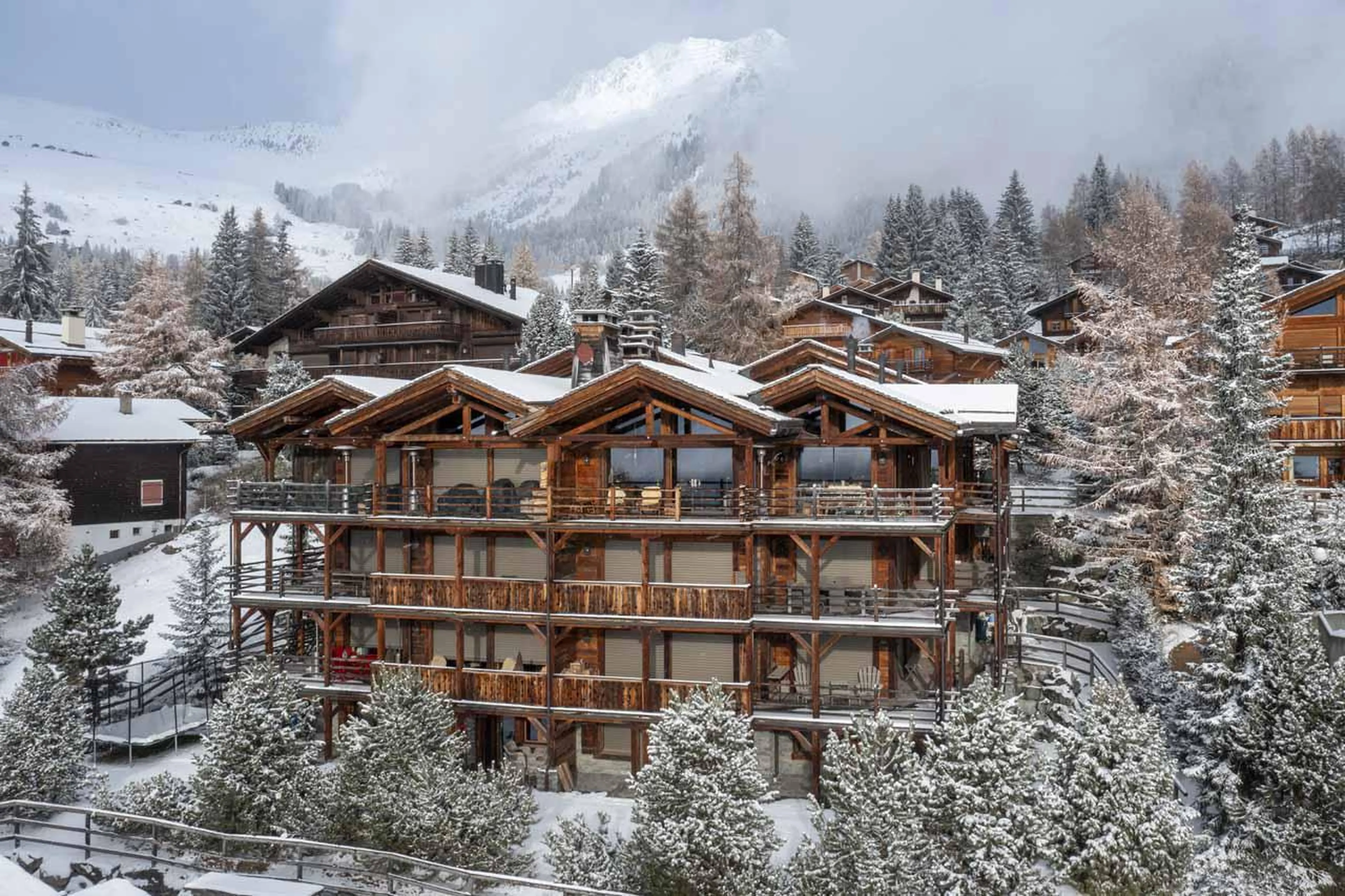 Snowy chalet exterior at Marmotte Penthouse in Verbier