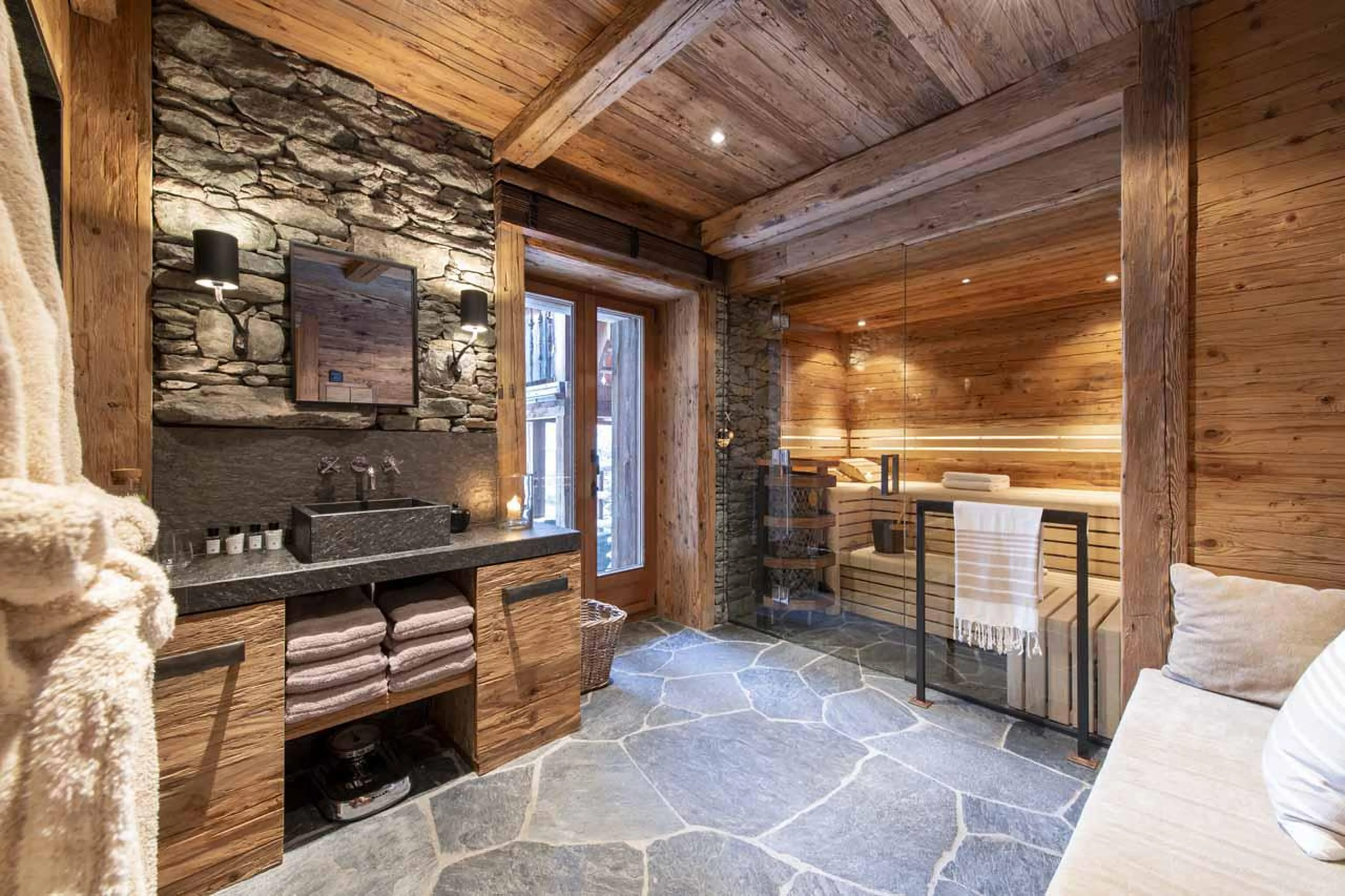 Private spa area with hammam and sauna at Marmotte Penthouse in Verbier