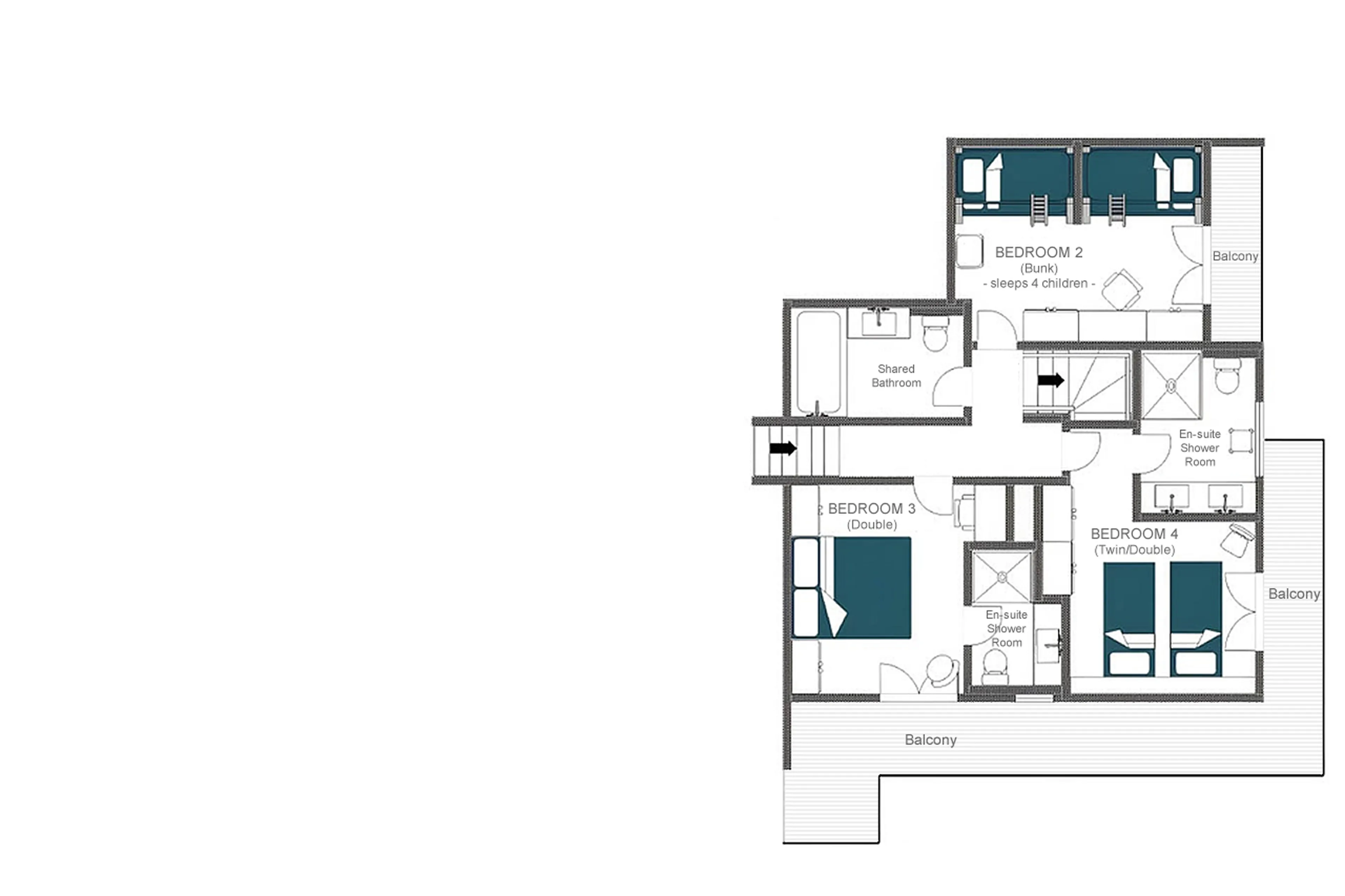 Upper level floor plan of Penthouse Marmotte in Verbier
