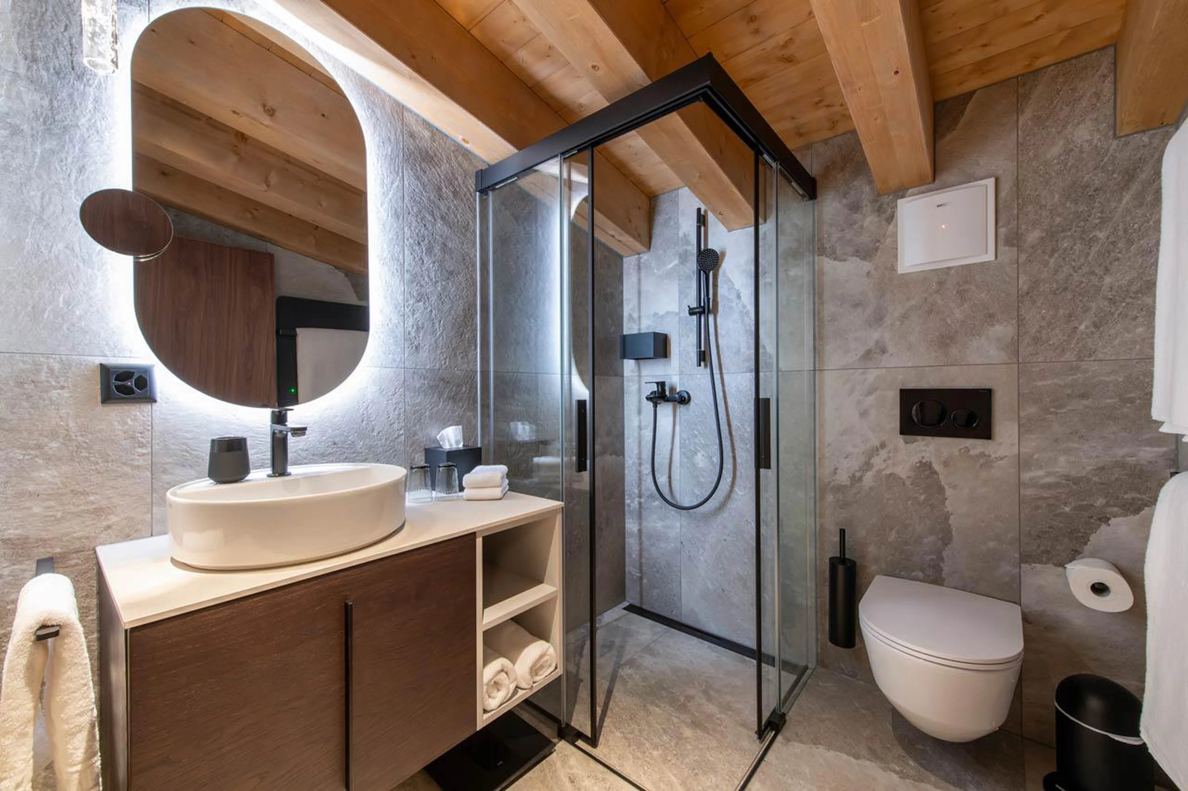 En-suite shower room in Matterhorn Penthouse, Zermatt