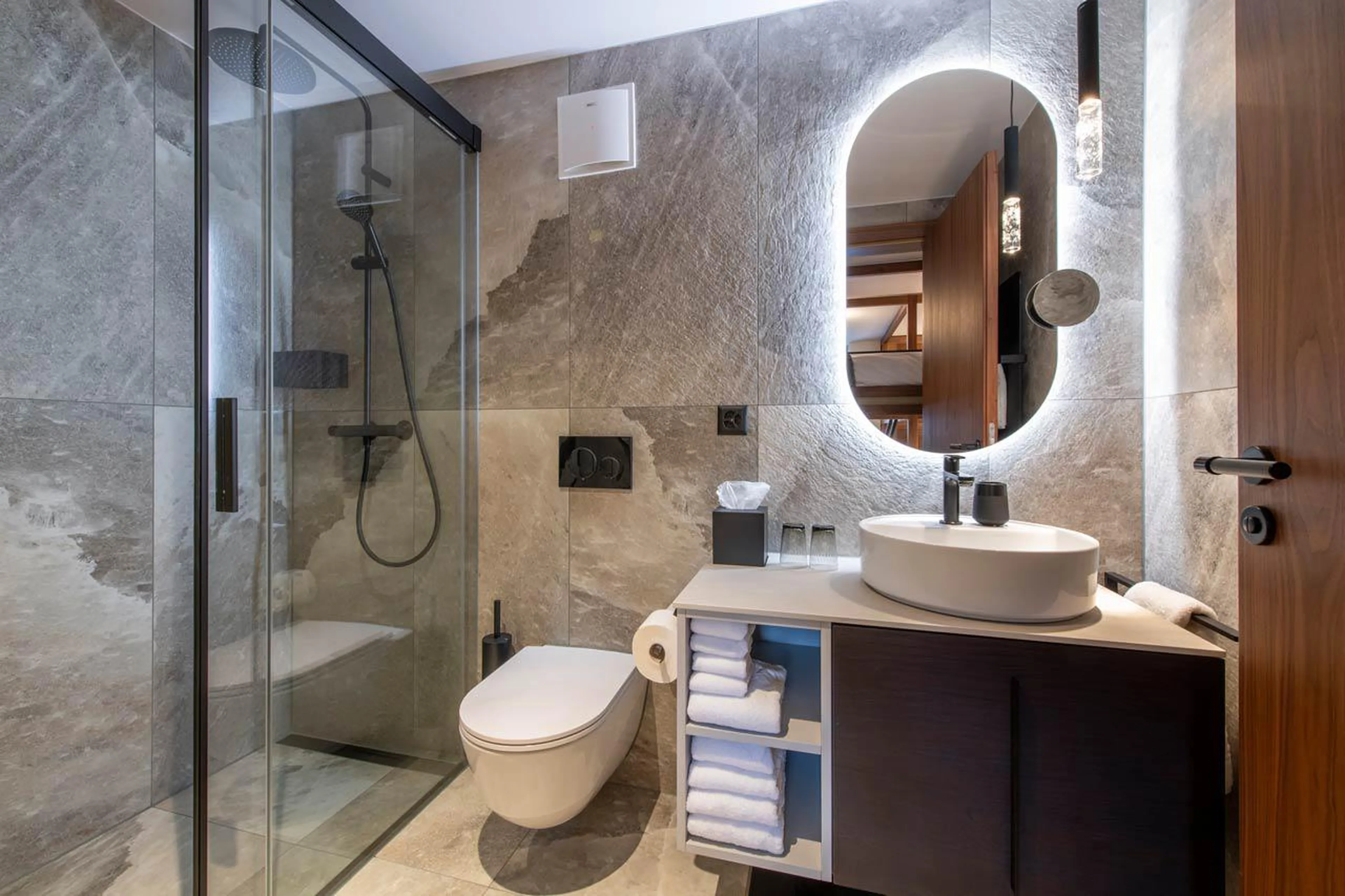 En-suite shower room in Matterhorn Penthouse, Zermatt