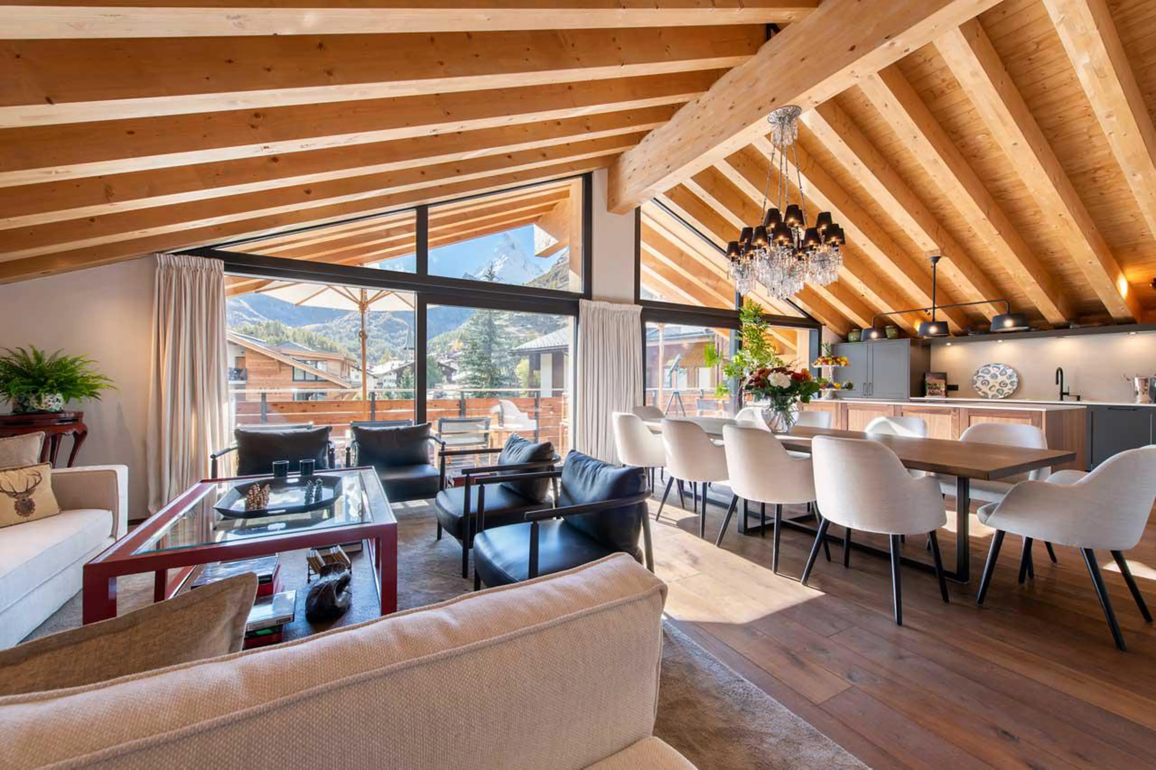 Open-plan living area in Matterhorn Penthouse, Zermatt