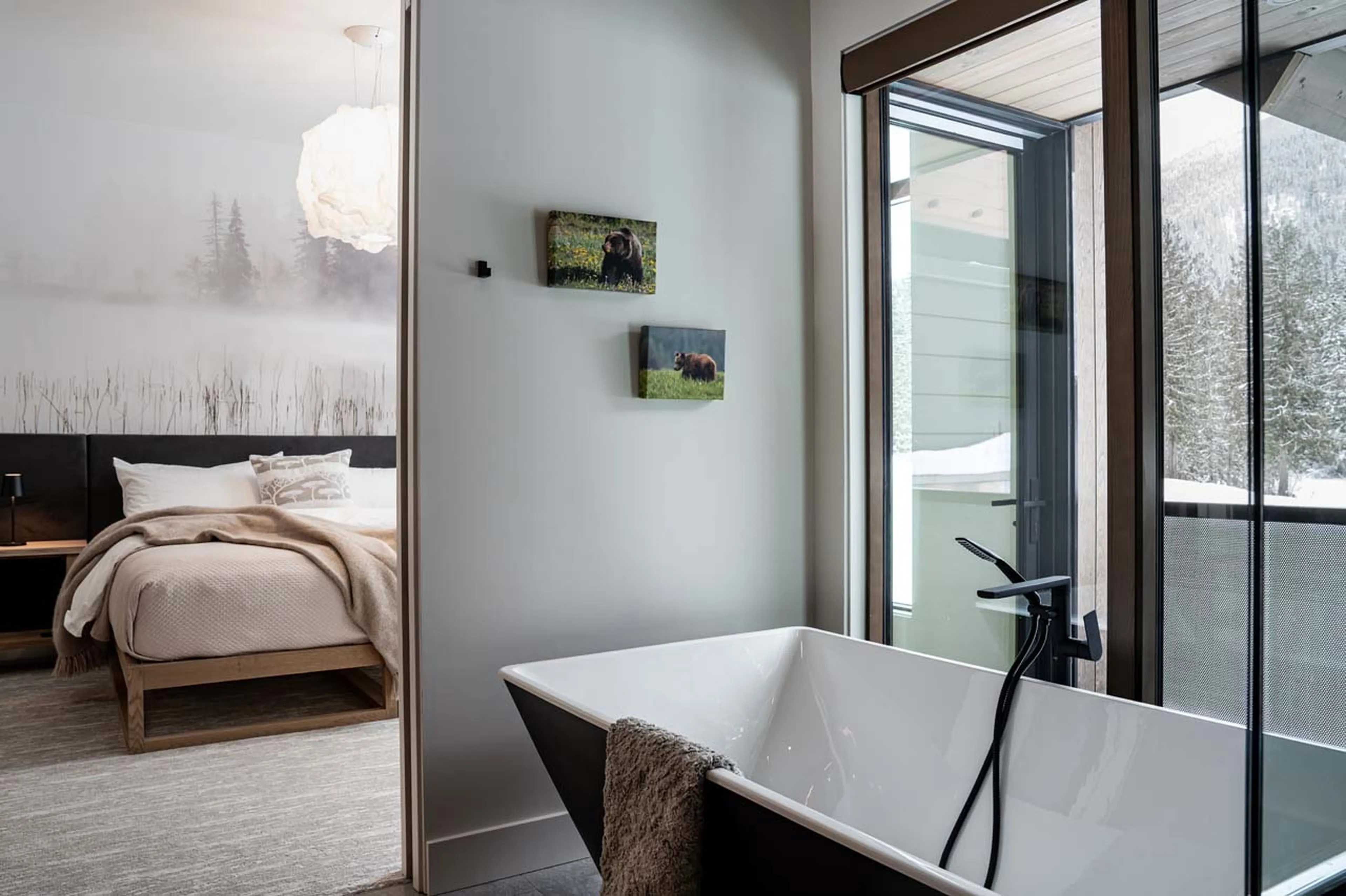 Bathroom and double bedroom in Mountain Lake Chalet, Revelstoke