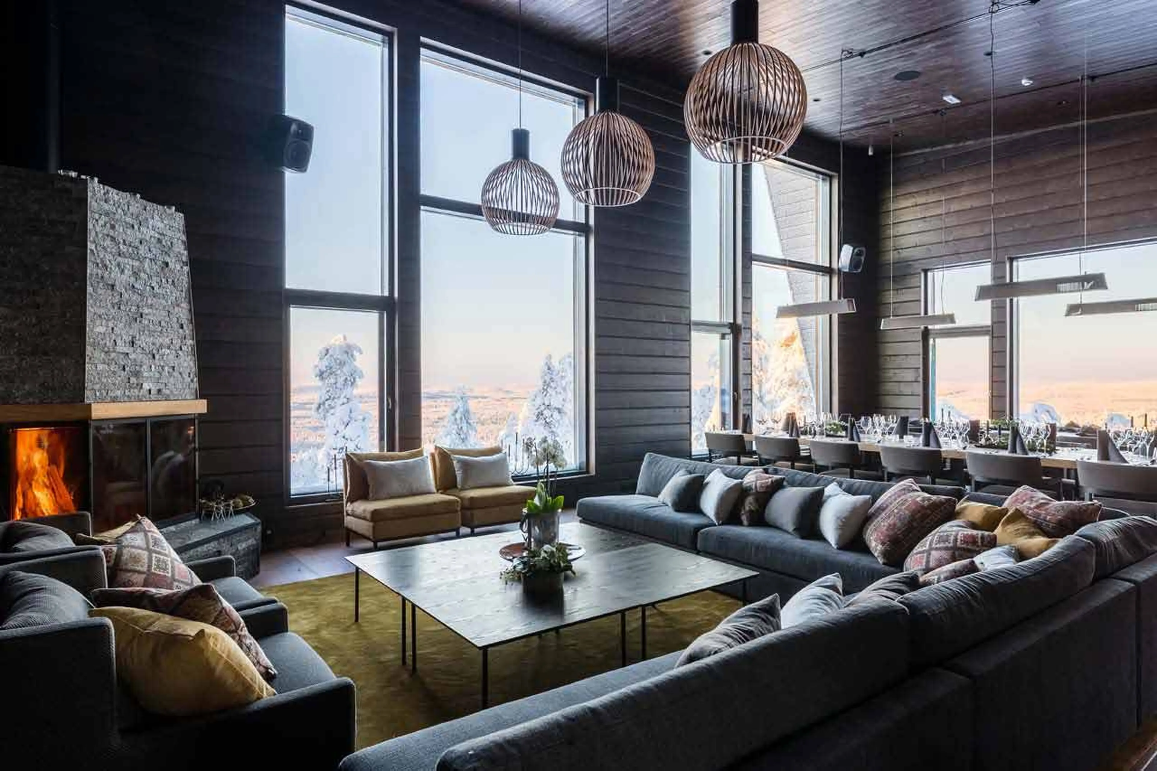 Open plan living area at Octola Private Wilderness in Finland