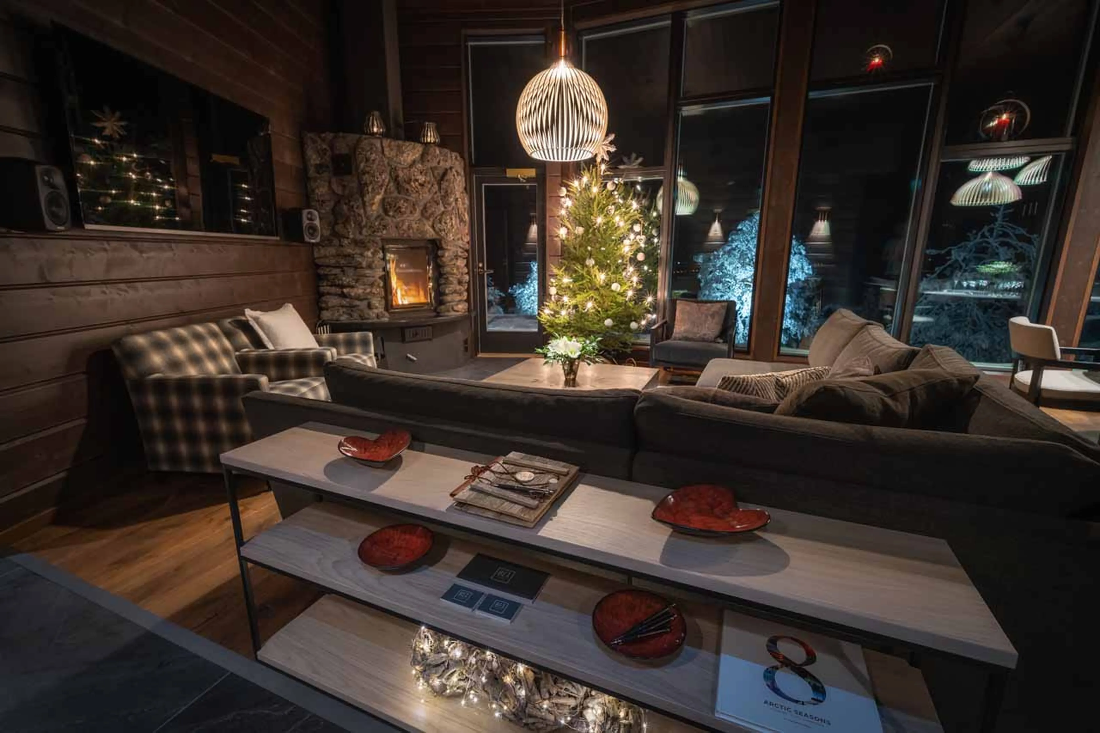 Fireplace in lounge at Octola Villa in Arctic Finland