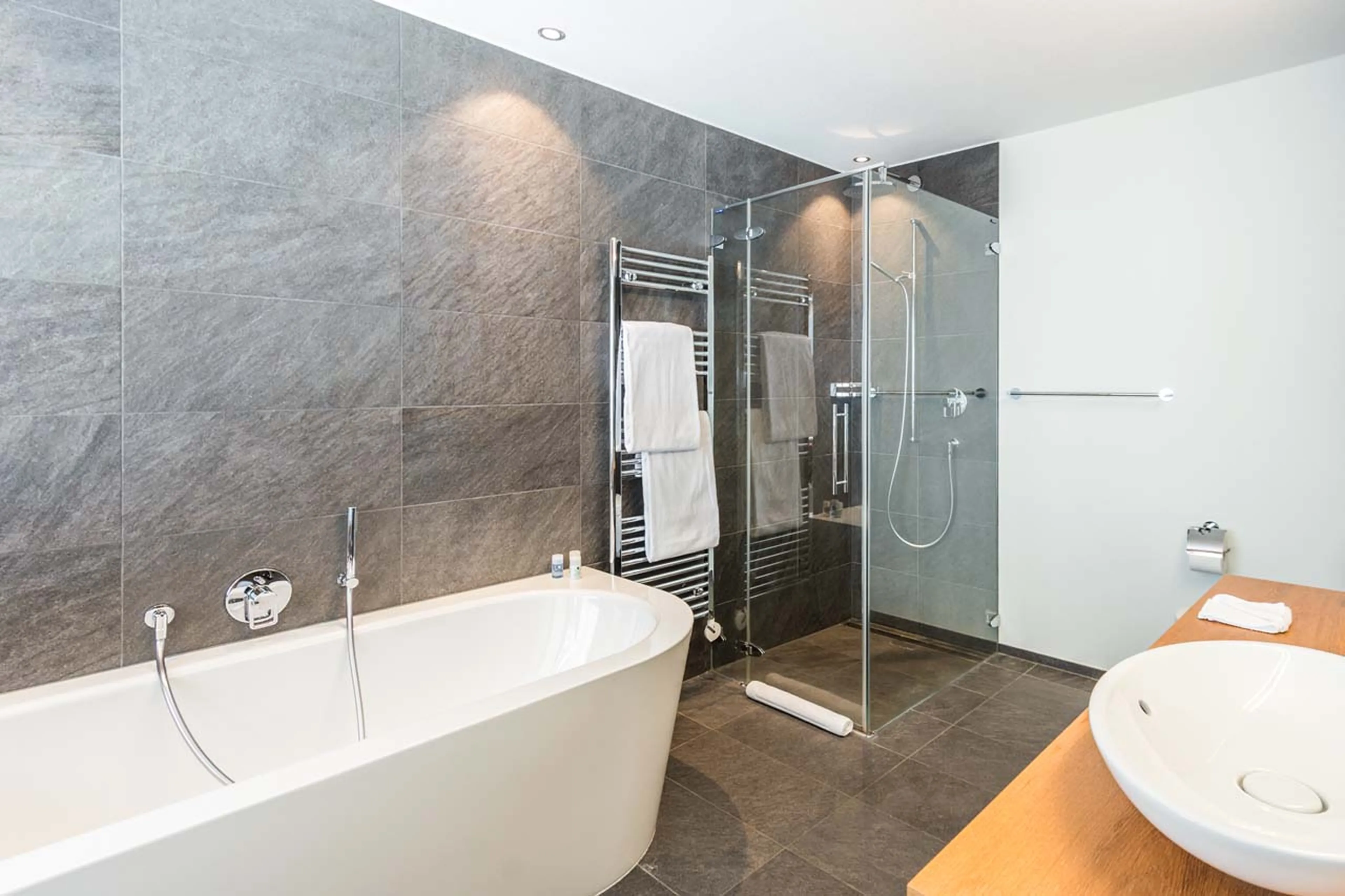 En-suite bathroom with shower at Penthouse Aria in Zermatt