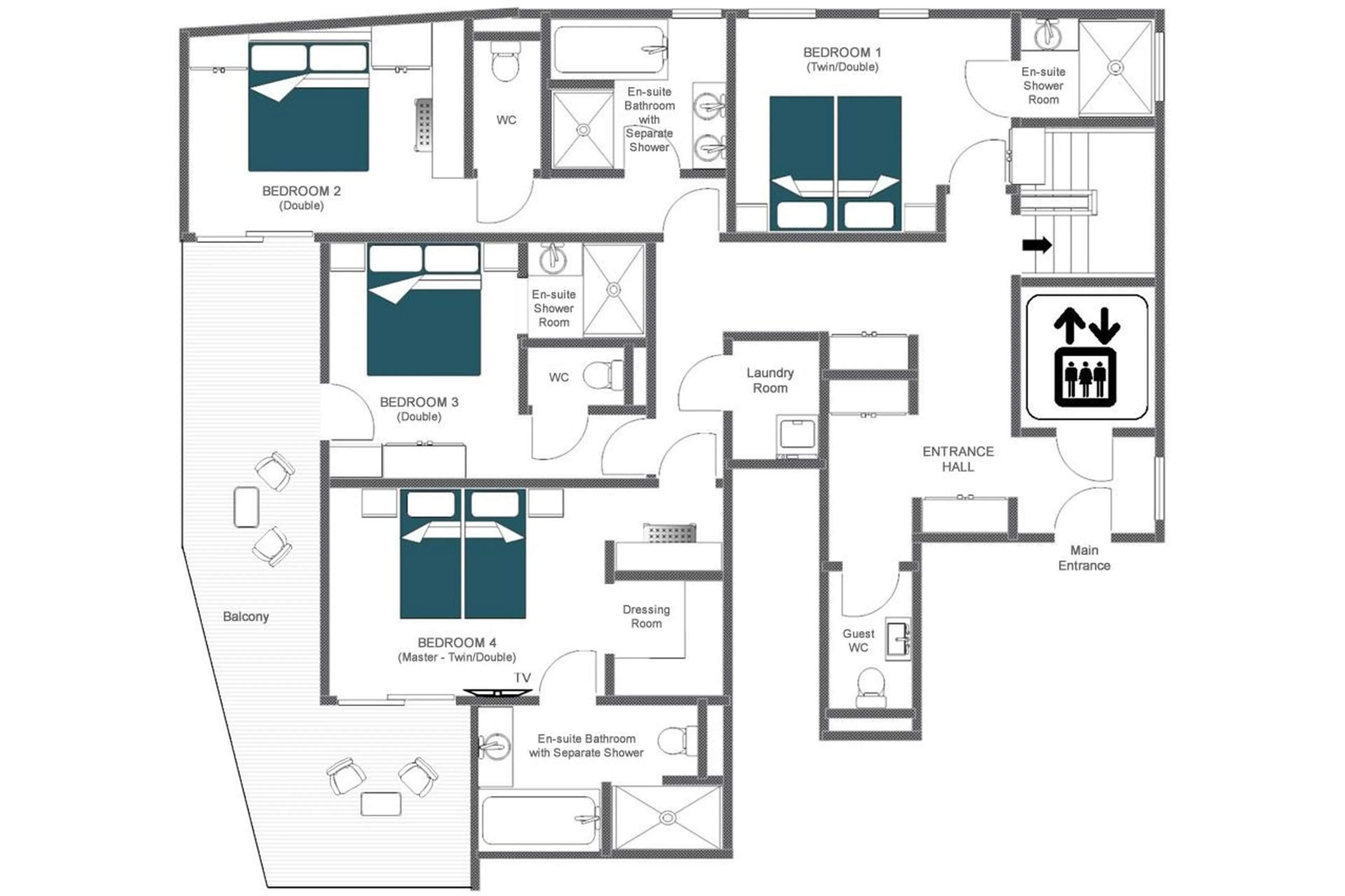 Lower level floor plan of Arolay Penthouse in Val d'Isere