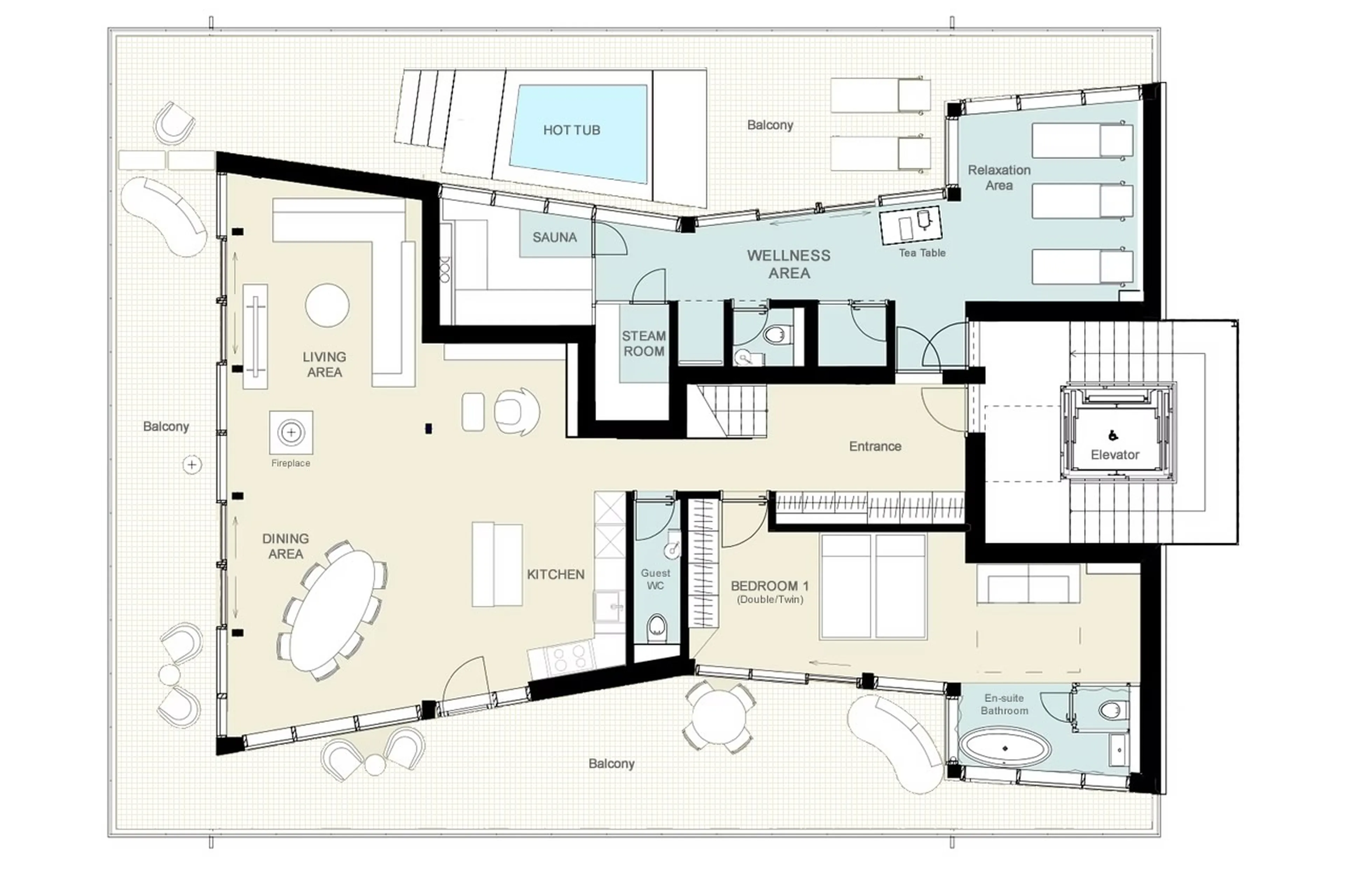 Main level floor plan of Penthouse Face d'Or in Zermatt