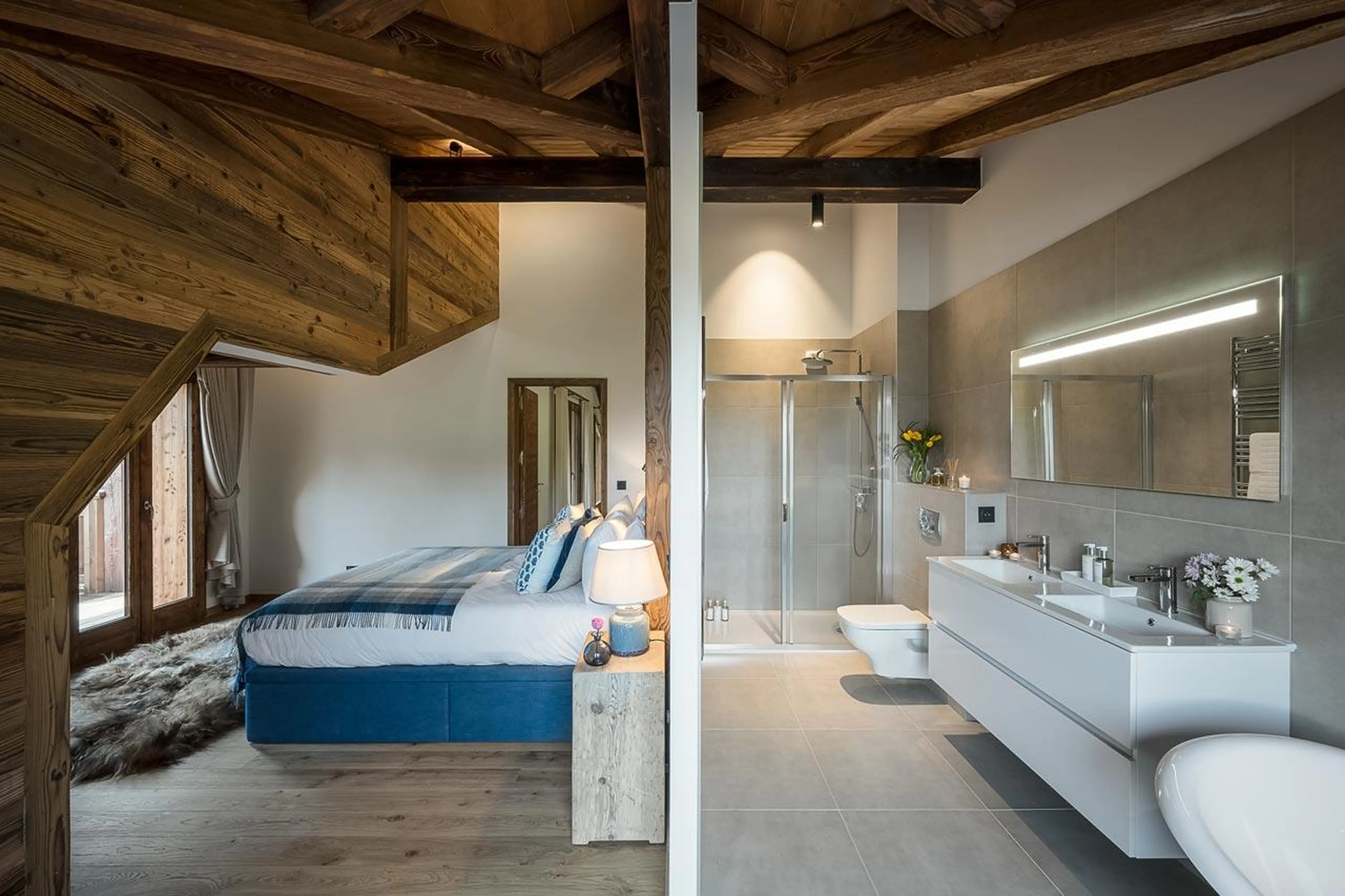 Double bedroom and en-suite shower room in Penthouse Joy, Morzine