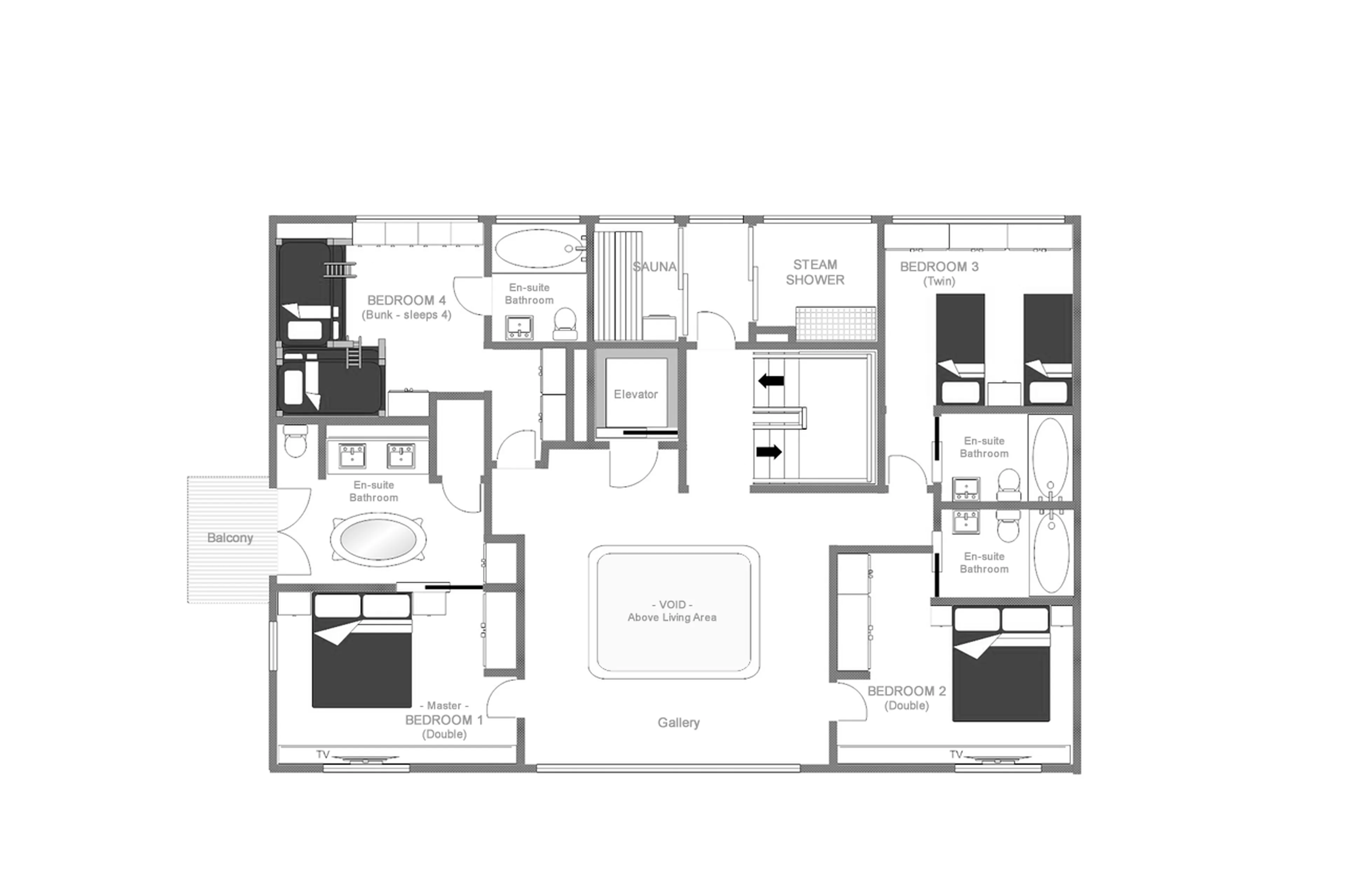 Upper level floor plan of Skyfall Penthouse in St Christoph