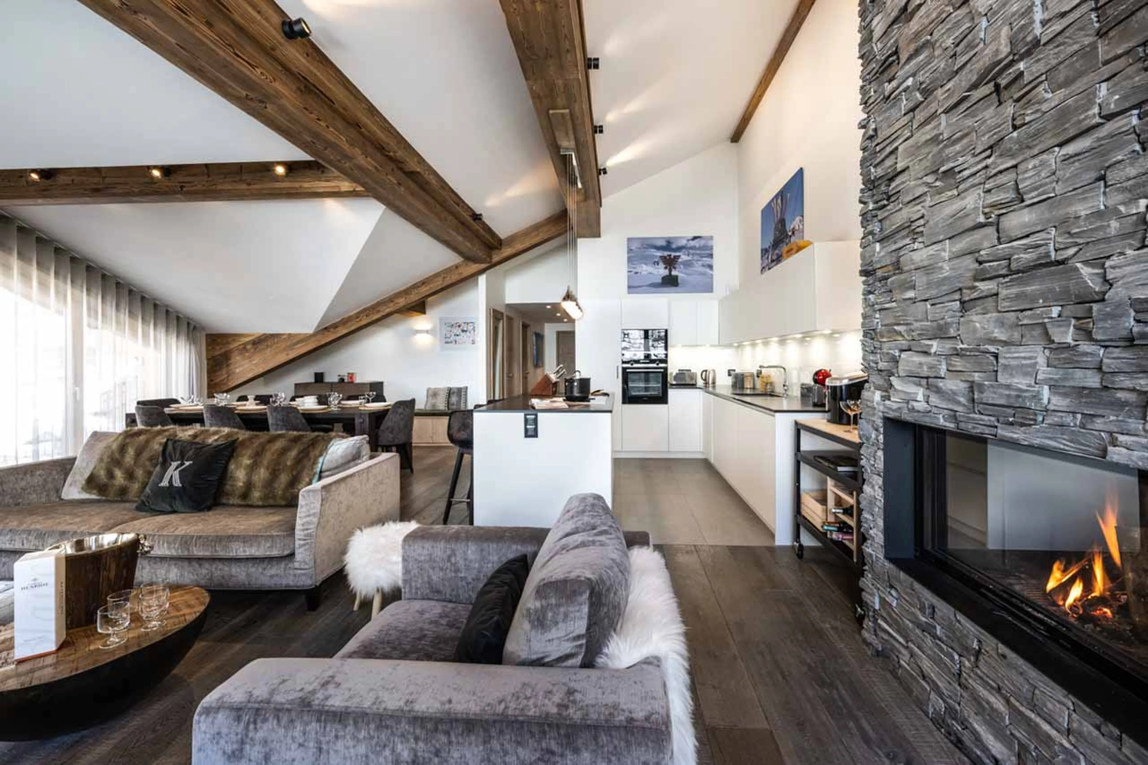 Living area fireplace at Penthouse Vail Lodge A31 in Val d'Isere