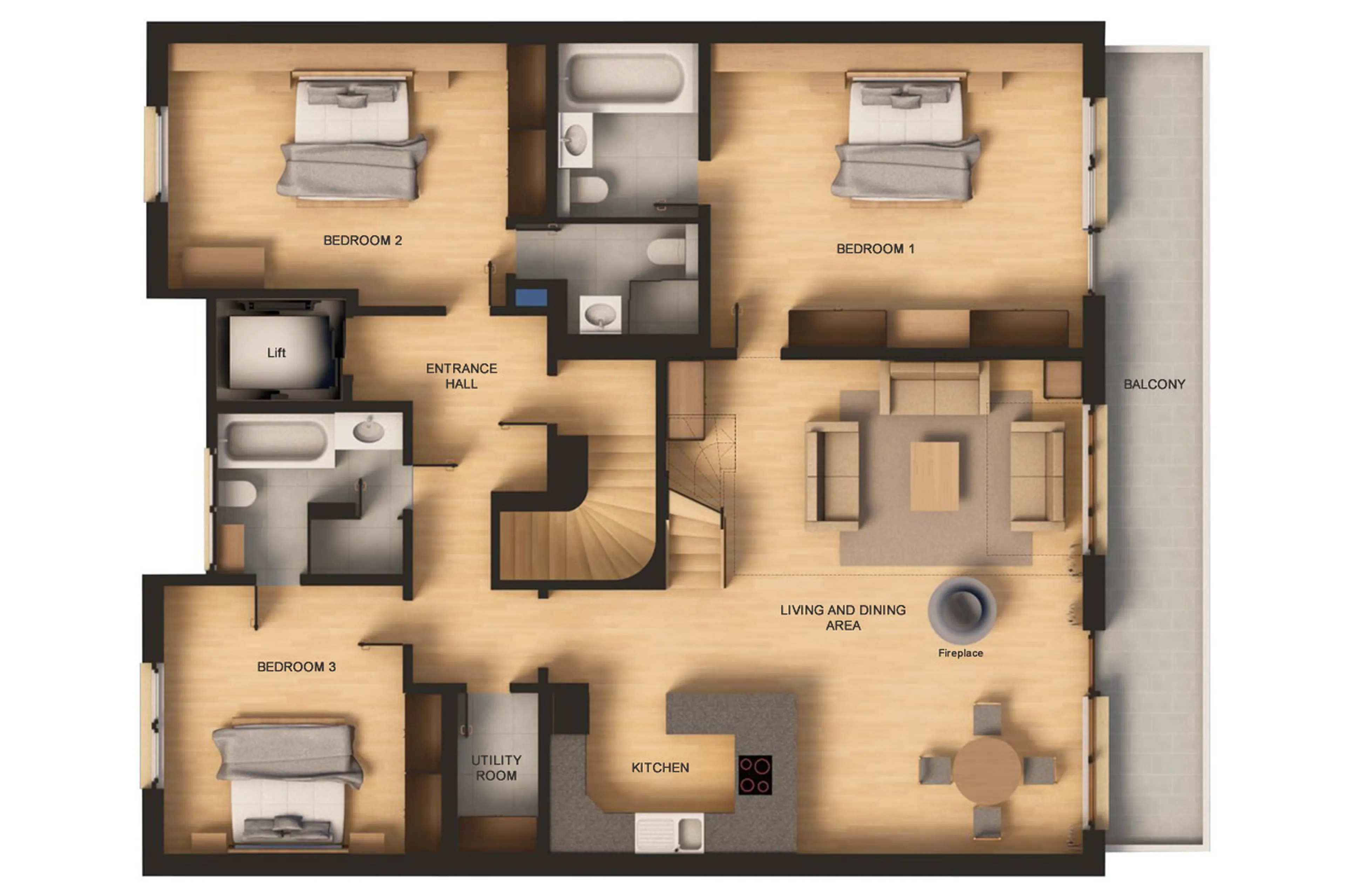 Main level floor plan of Penthouse Zen in Zermatt