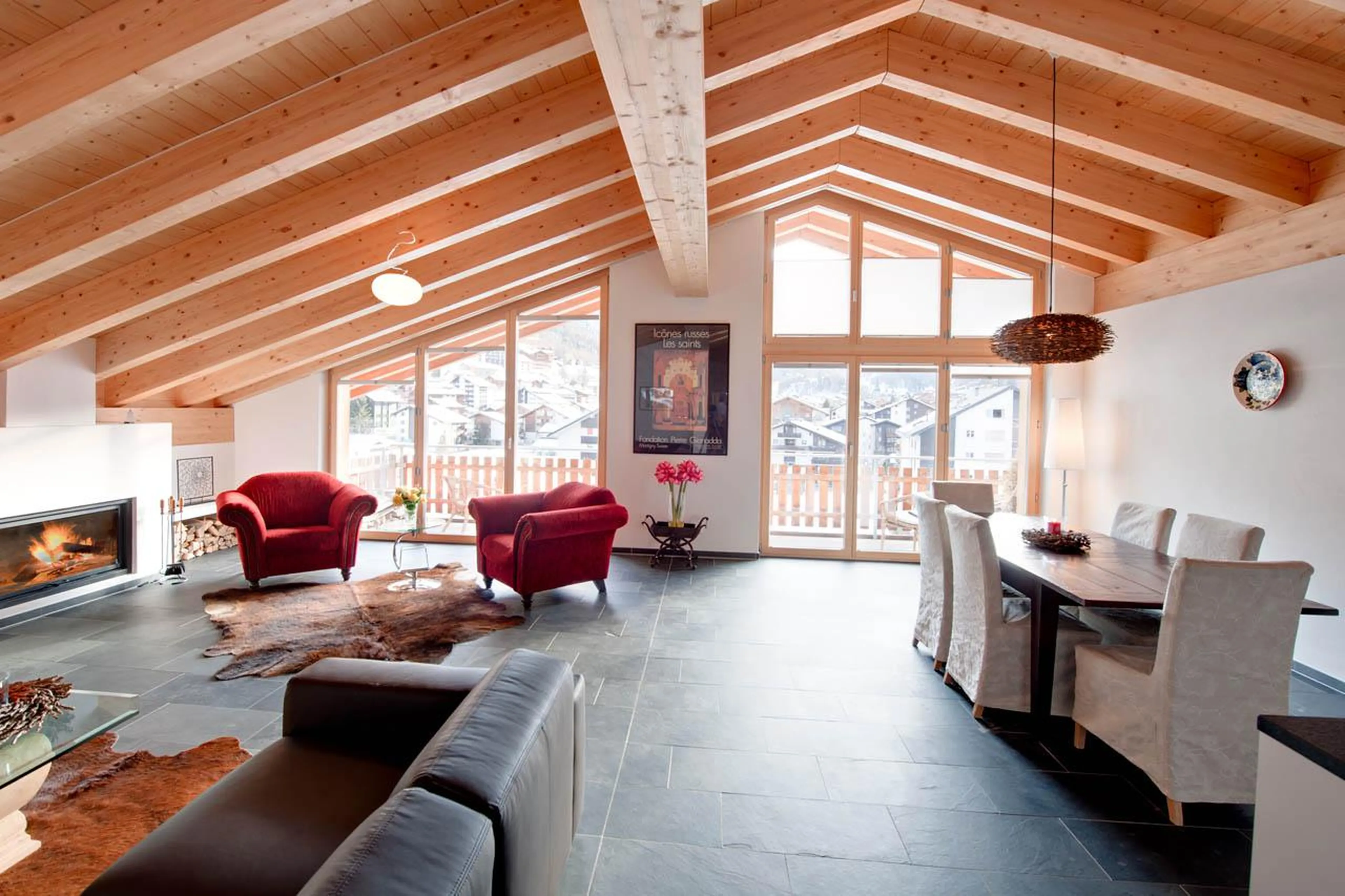 Open-plan living room at Chalet Zeus in Zermatt