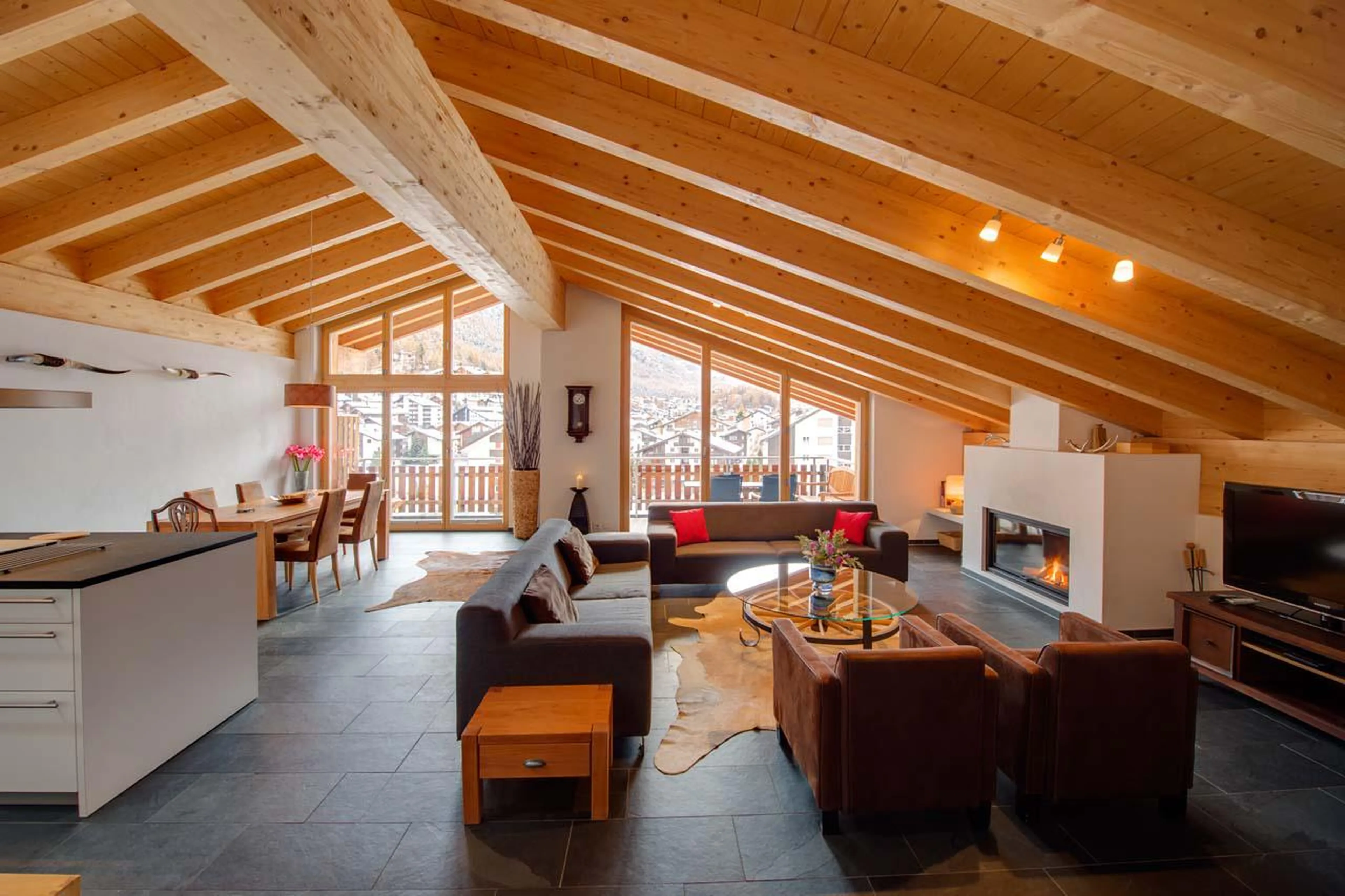 Open plan living area at Chalet Zora in Zermatt