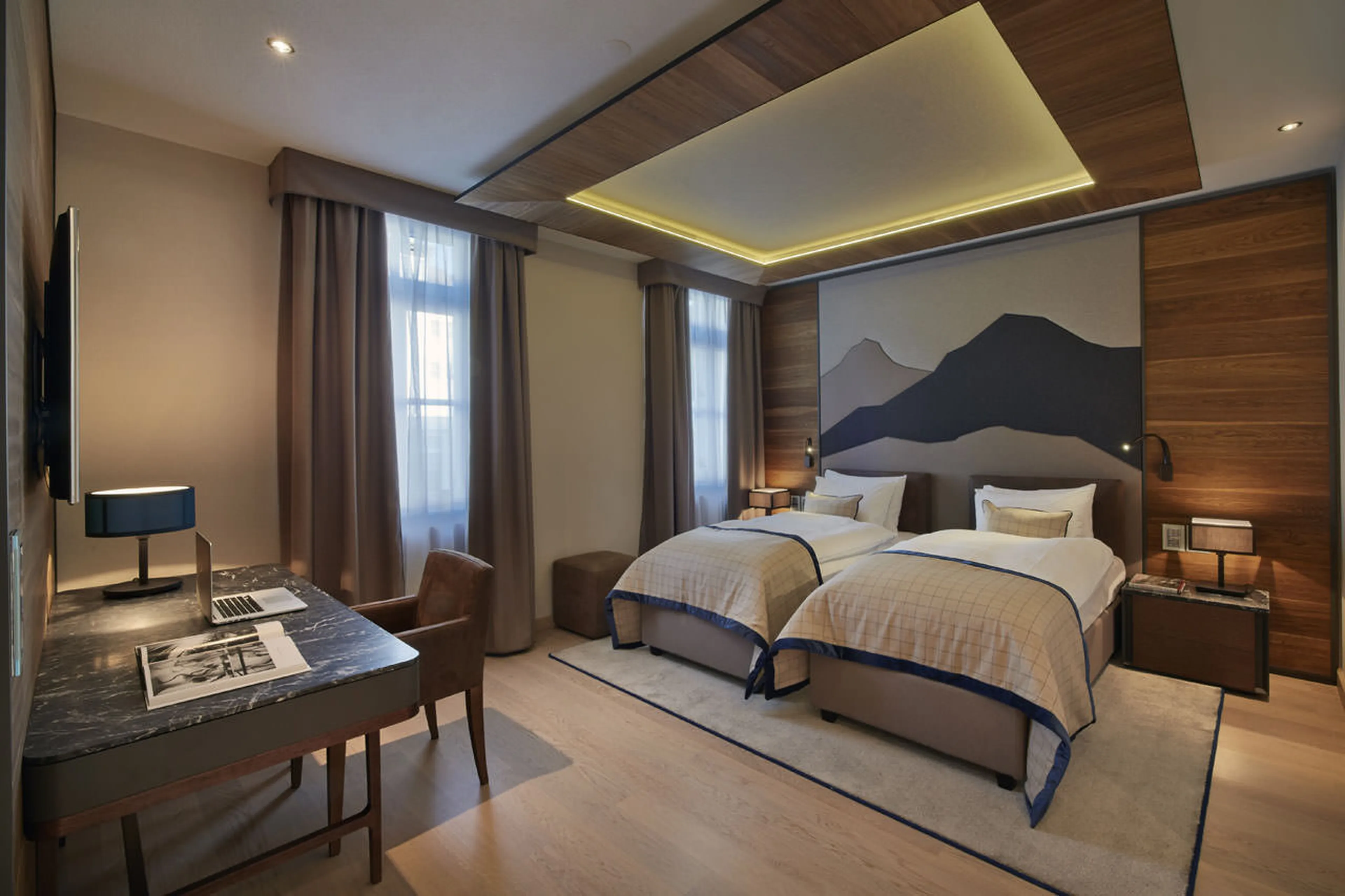 Twin bedroom at Piz Alv in St Moritz