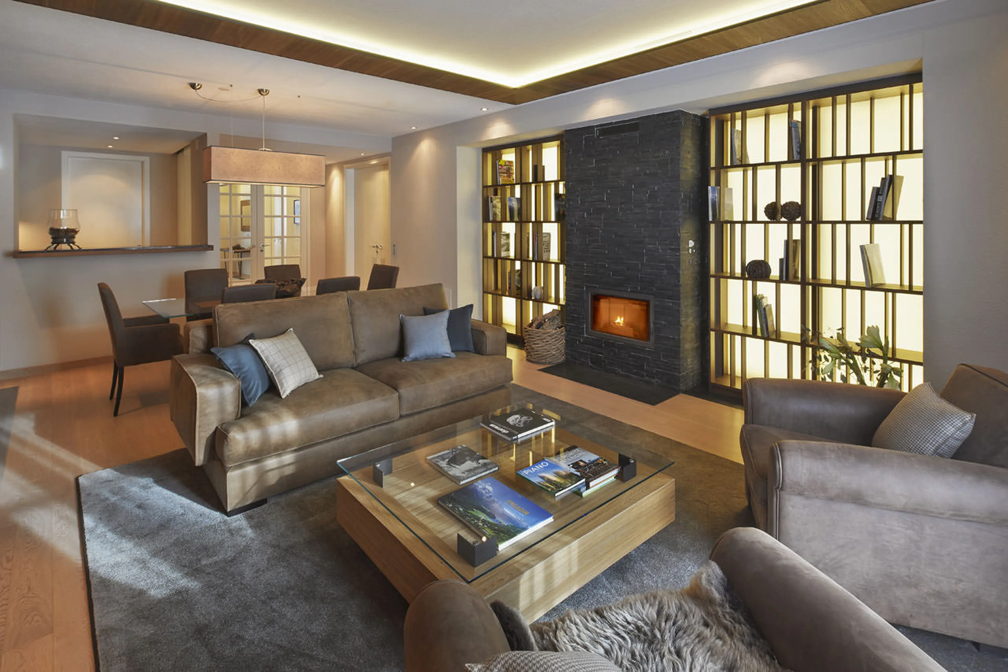 Living and dining area at Piz Alv in St Moritz