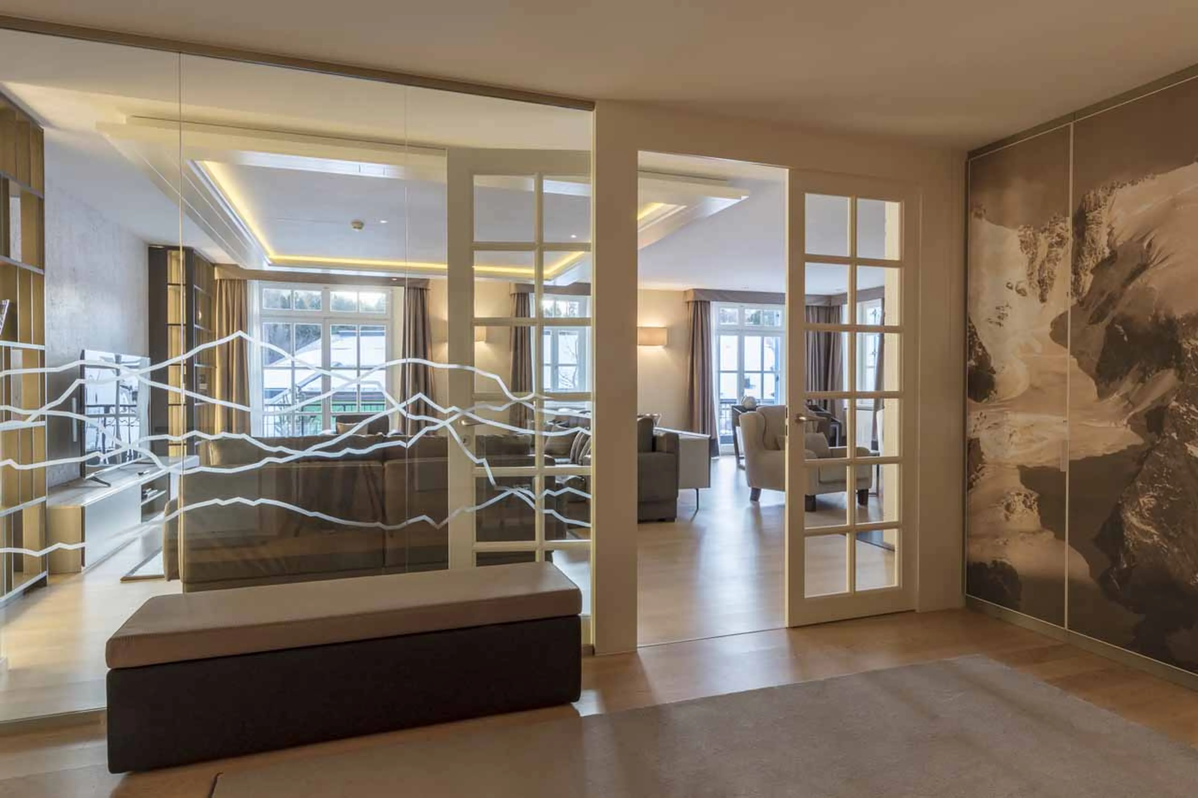 Entrance hall at Piz Mandra in St Moritz